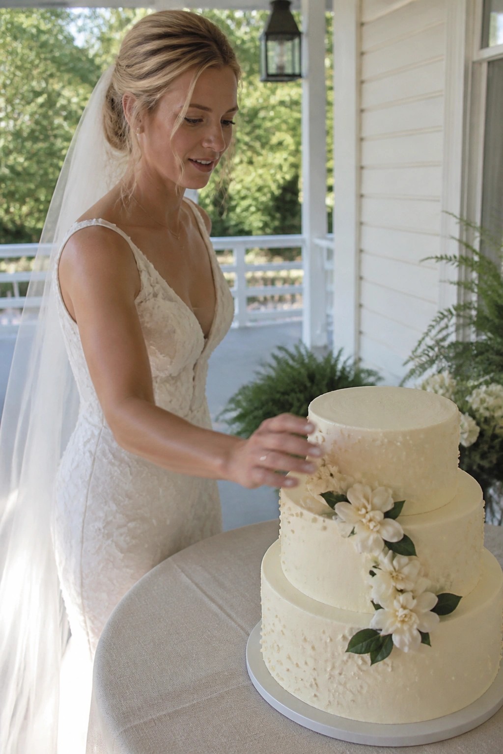 Bride in lace dress and veil touches a three tiered white wedding cake decorated with white flowers and green leaves on a porch table.