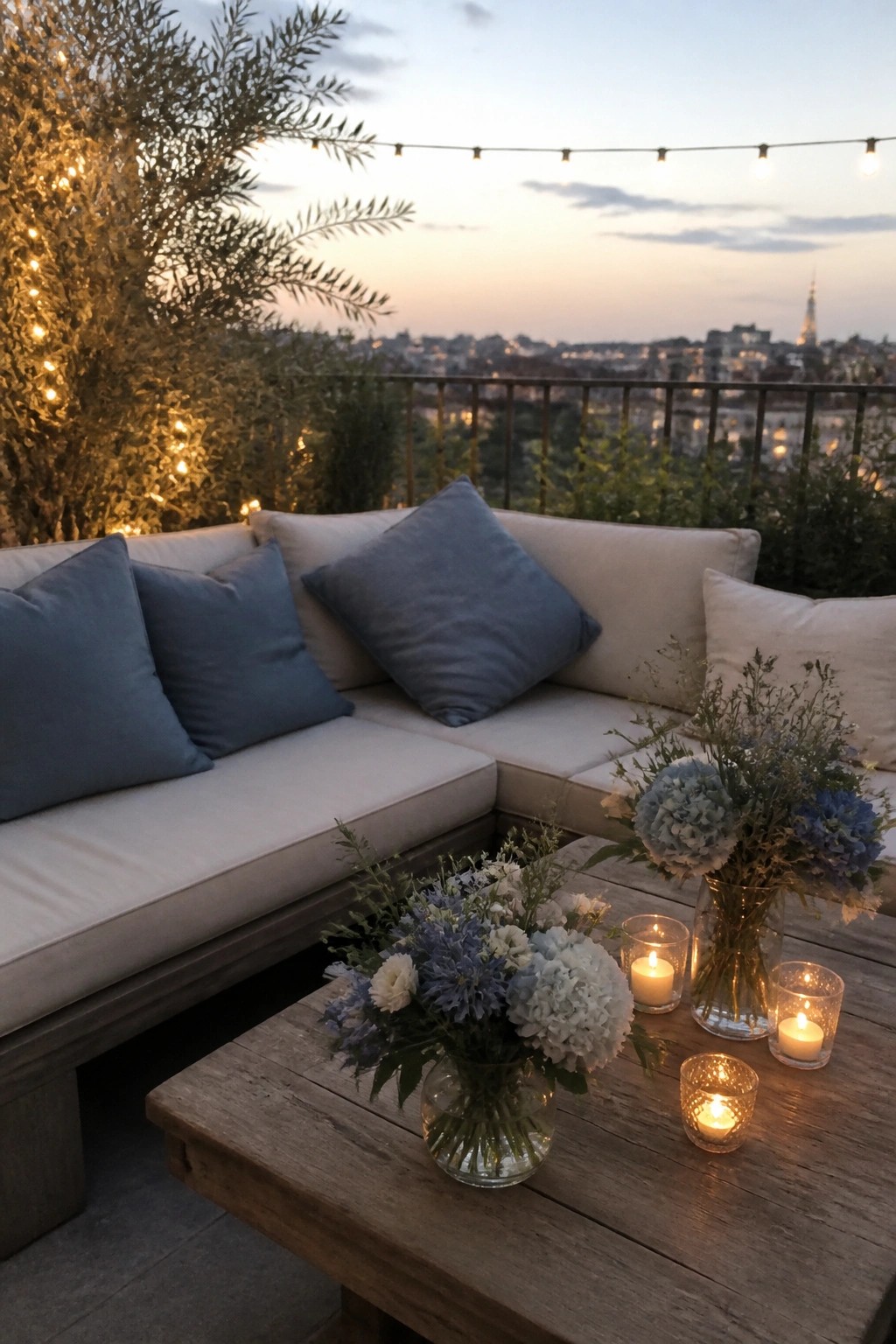 Rooftop terrace at dusk with a neutral sofa accented by dusty blue pillows, blue and white floral centerpieces, and glowing candles overlooking the Eiffel Tower in Paris.