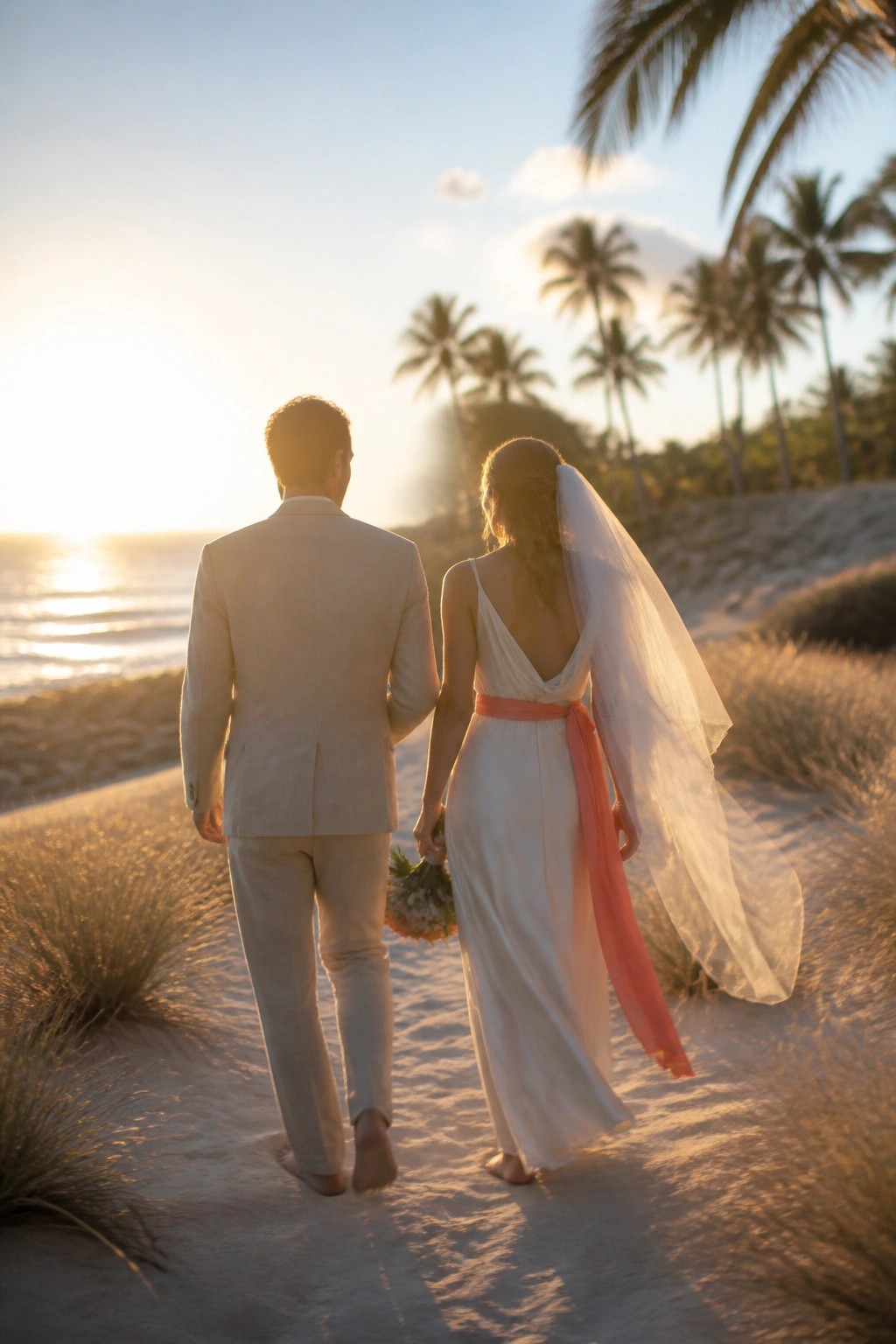 Bride and groom walking barefoot on a tropical beach path at sunset with palm trees the bride wears a white dress with coral sash and veil while the groom wears a light beige suit.