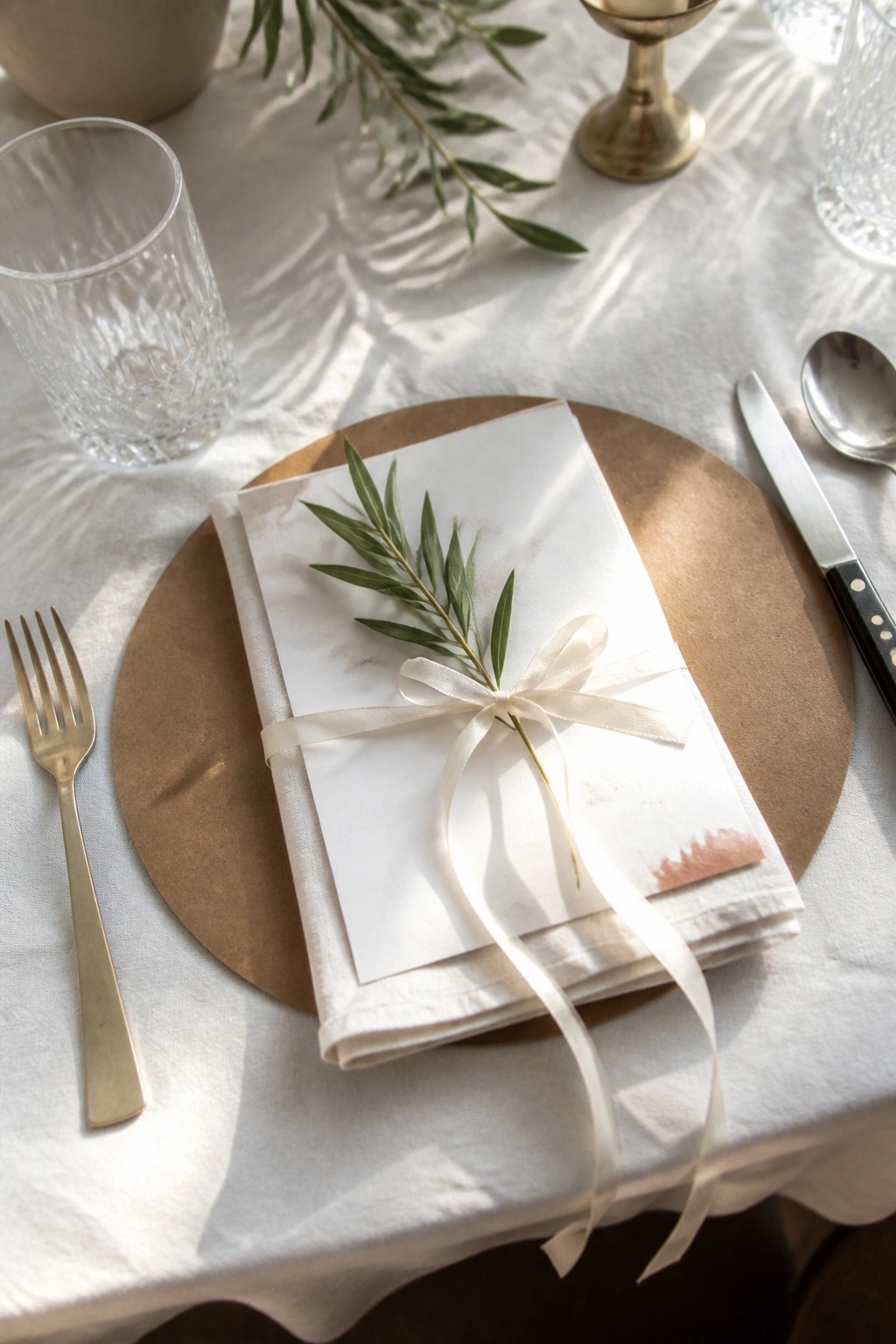 Close up of a wedding place setting with a marble menu card tied with olive branch and cream ribbon on a brown charger plate beside gold cutlery on white tablecloth
