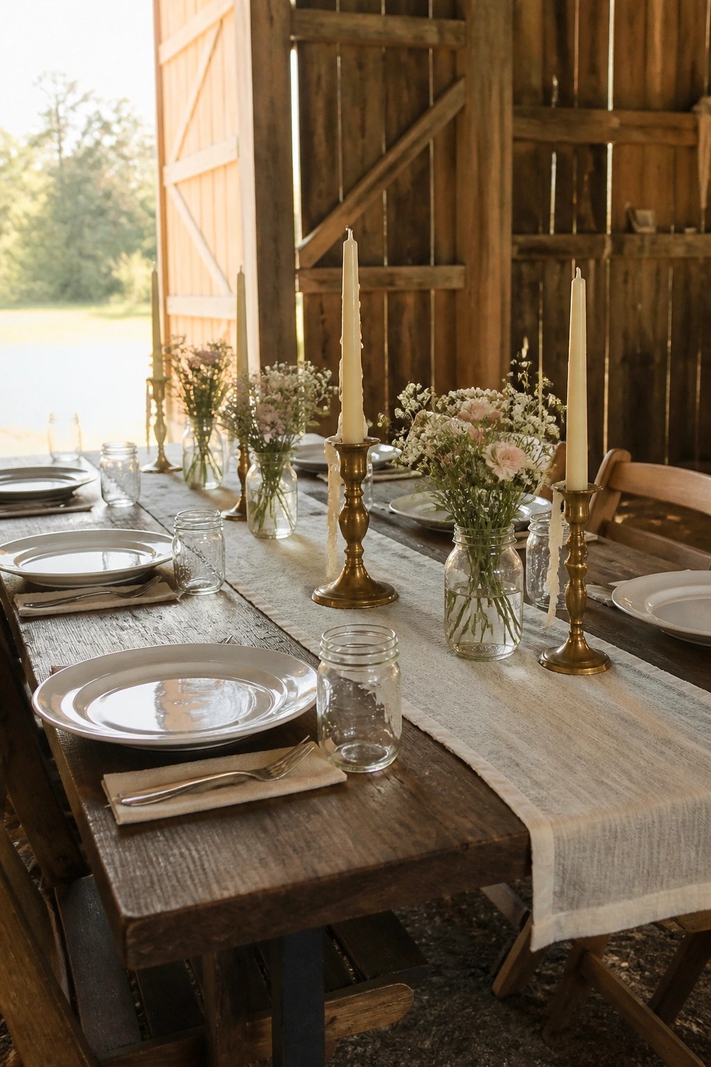 Rustic wooden table in a barn set with white plates, mason jars of pink flowers, brass candle holders, and a linen runner near open doors.