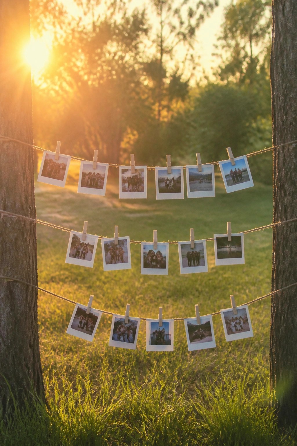String of Polaroid photos clipped with clothespins between trees at golden hour sunset in a grassy field