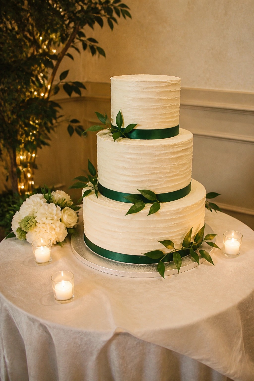 Three tier white wedding cake with emerald green ribbons and leaves on a white tablecloth surrounded by candles and white flowers.