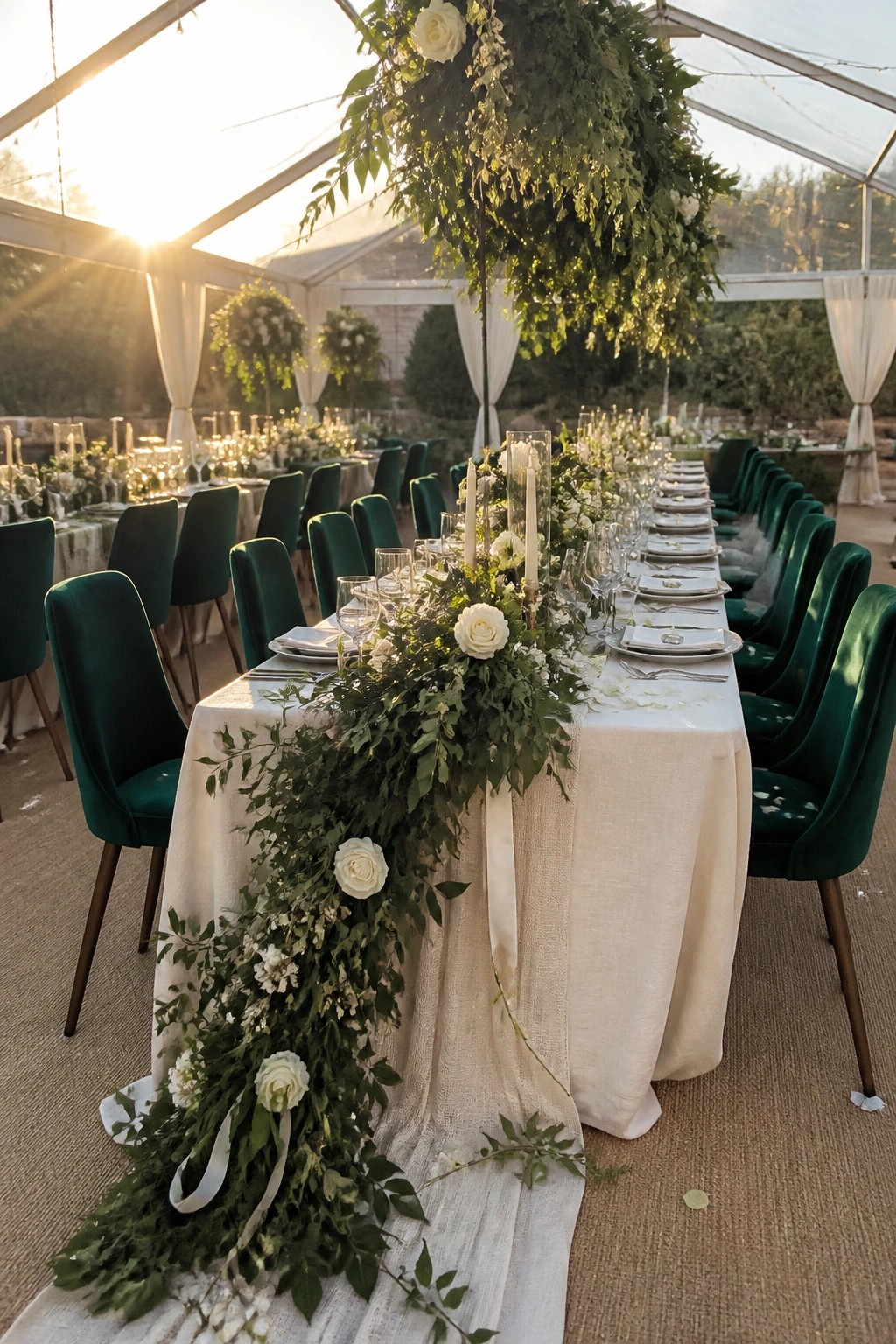 Long wedding table with white linens emerald green velvet chairs and abundant white roses plus greenery in a glowing tent at sunset