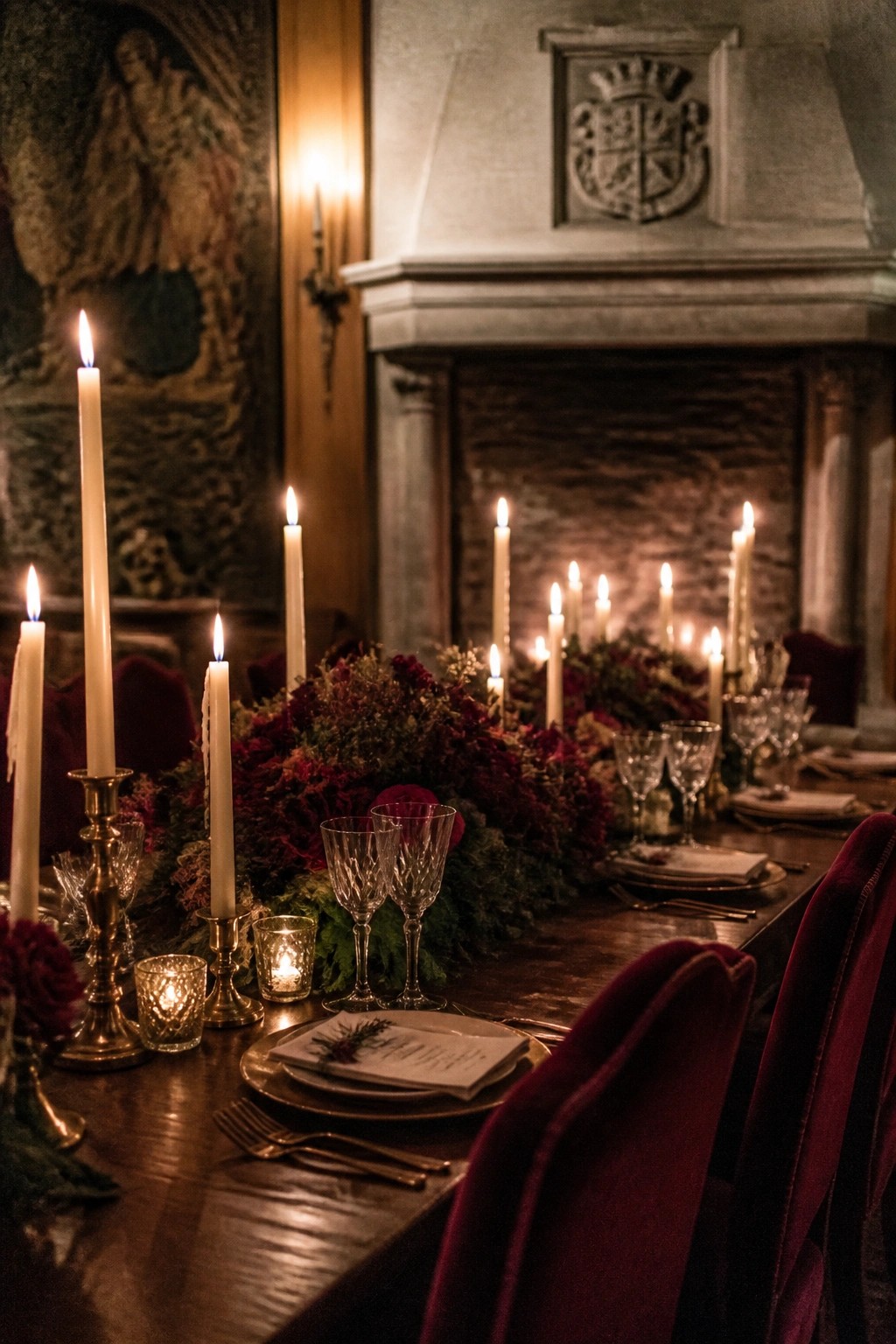 A candlelit wedding table with tall white tapers, burgundy floral runner, crystal glassware, and velvet chairs set before a stone fireplace in a historic hall.