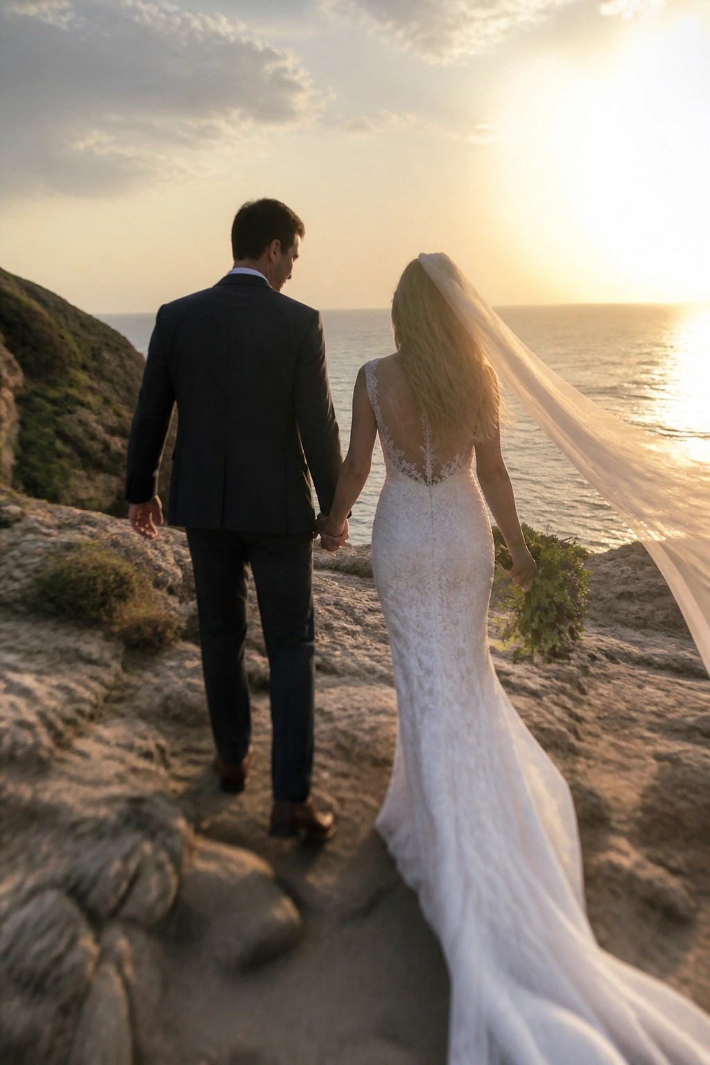 Bride and groom hold hands on a rocky ocean cliff at sunset with the bride in a lace gown and flowing veil.