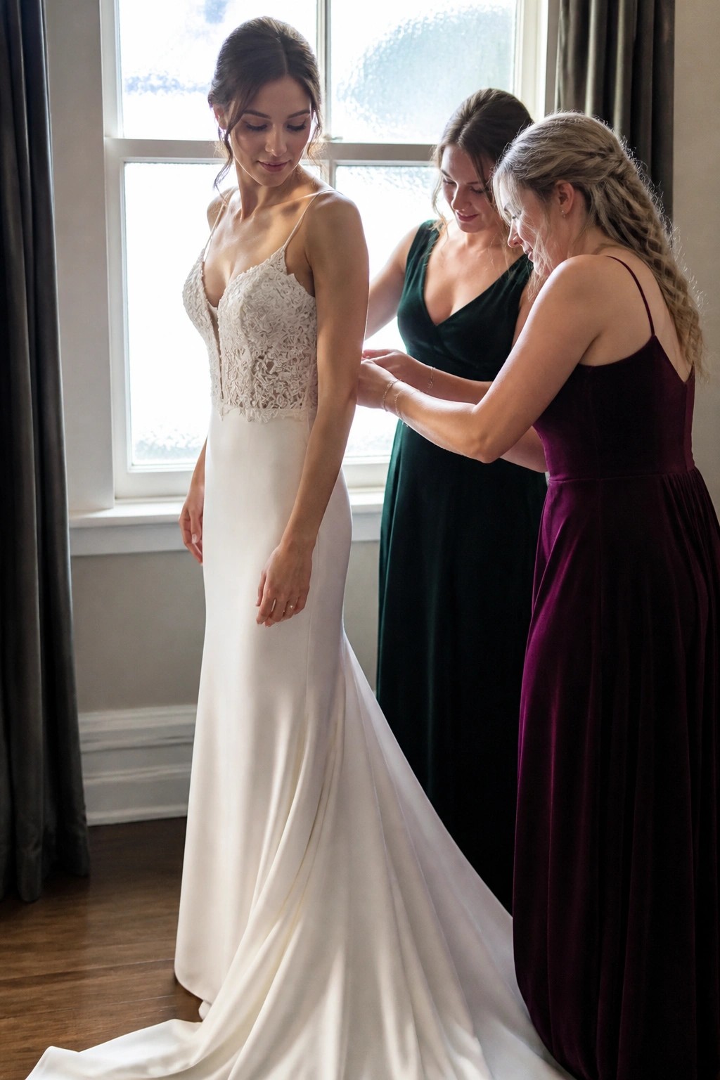 A bride in a white lace wedding gown stands by a window while two bridesmaids in emerald green and burgundy velvet dresses adjust her dress in a sunlit room.