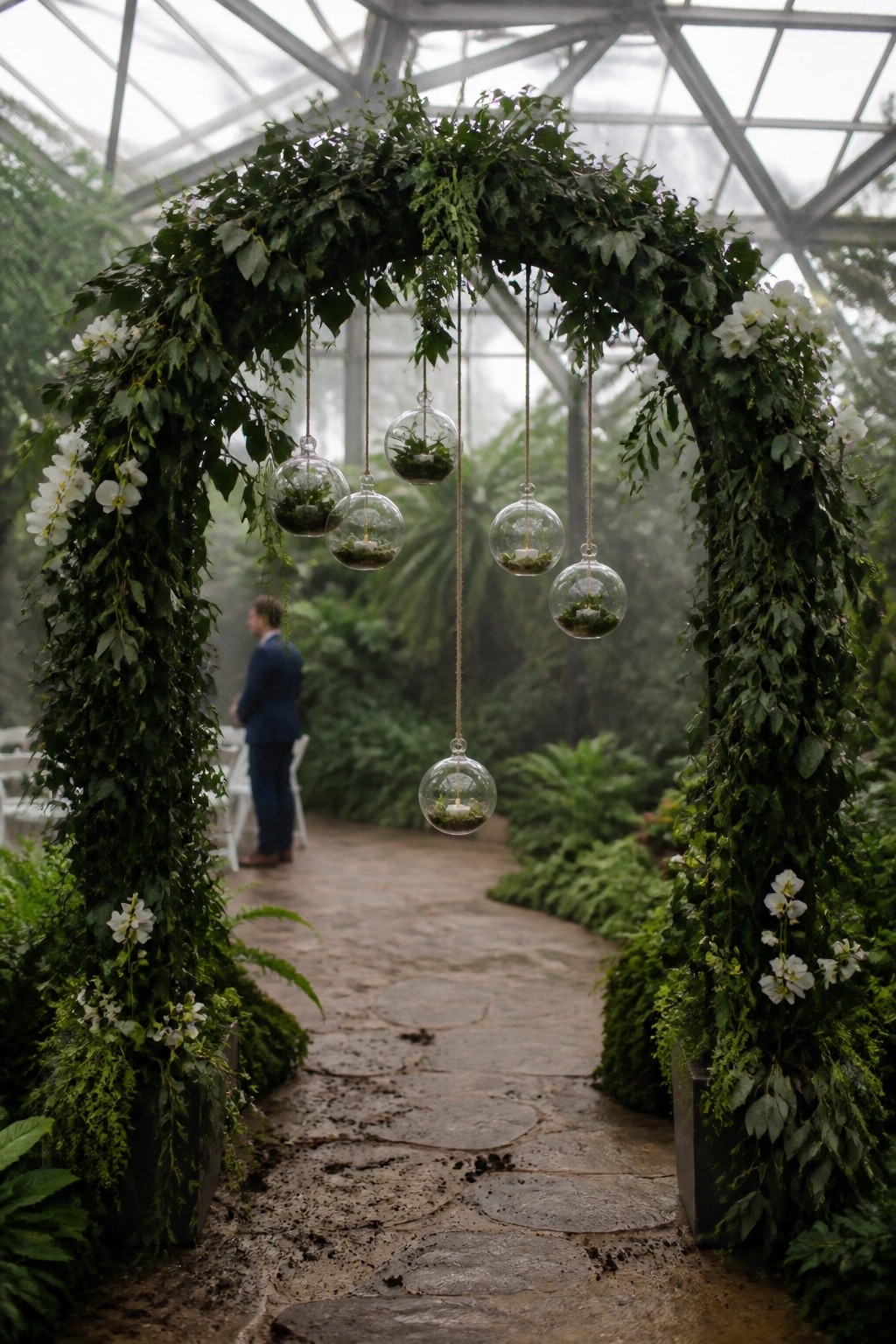 Lush green foliage arch with hanging glass candle orbs and white flowers over a stone path in a misty greenhouse wedding setting.