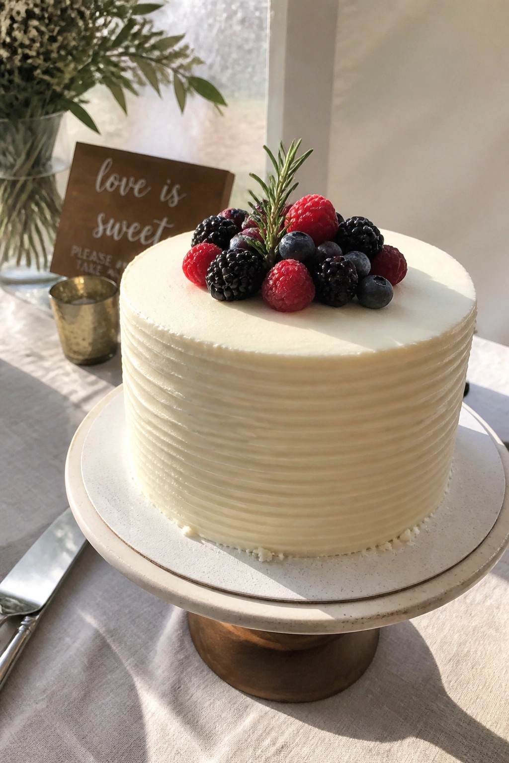 A white frosted wedding cake topped with mixed berries and rosemary on a gold stand next to a love is sweet sign in soft natural light.