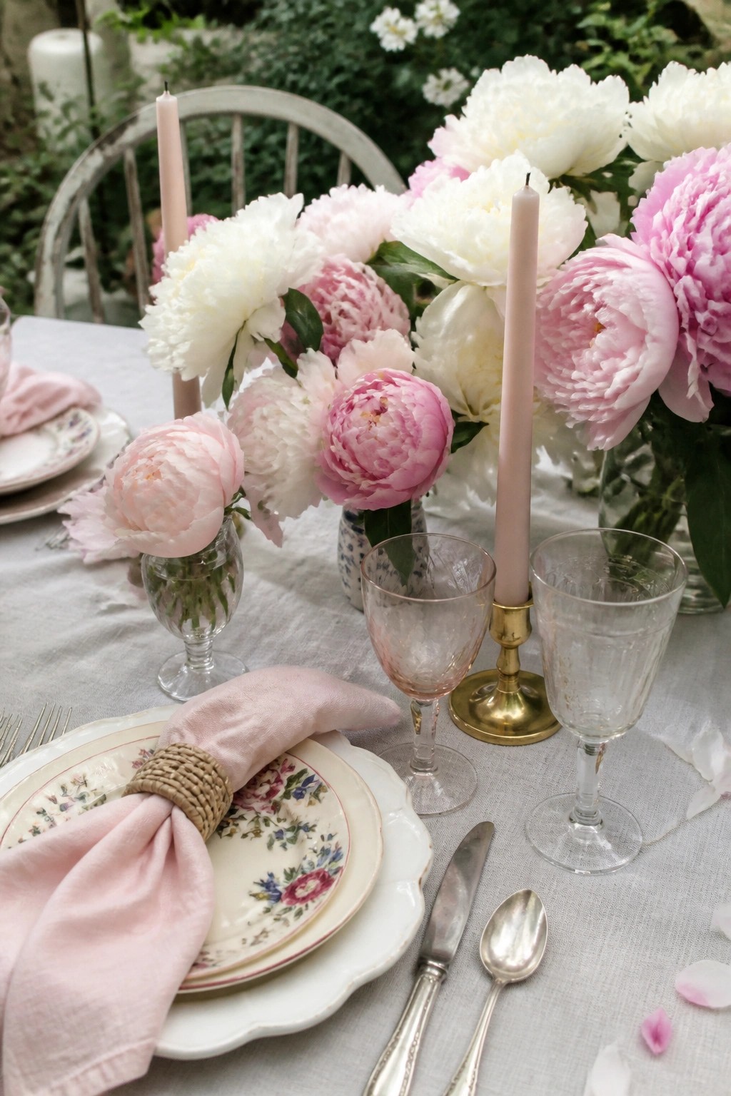 A romantic outdoor wedding table decorated with pink and white peonies, pink candles, and vintage floral plates on white linens in a garden setting.