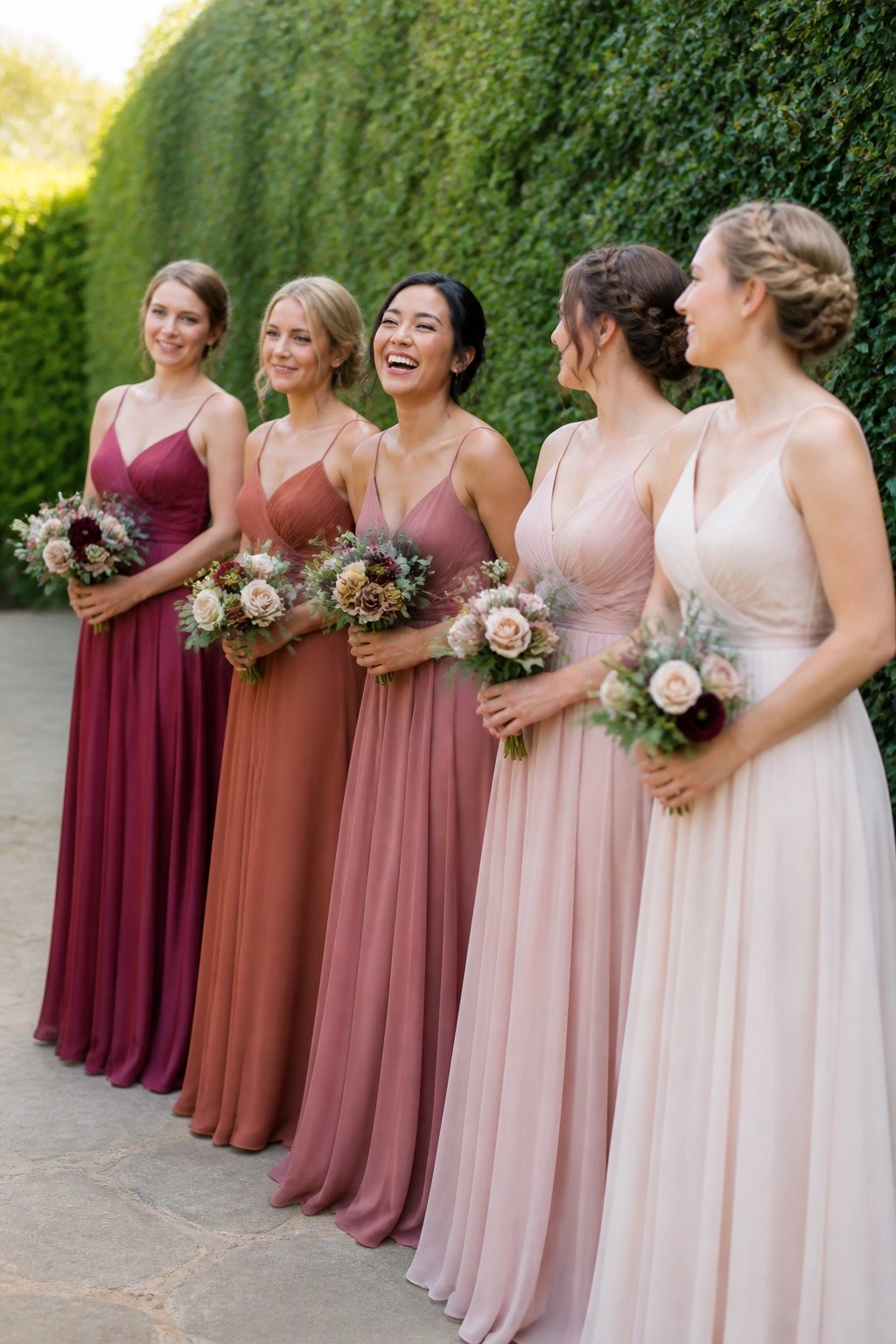 Five bridesmaids in ombre rose colored dresses stand smiling before a tall green hedge while holding floral bouquets.