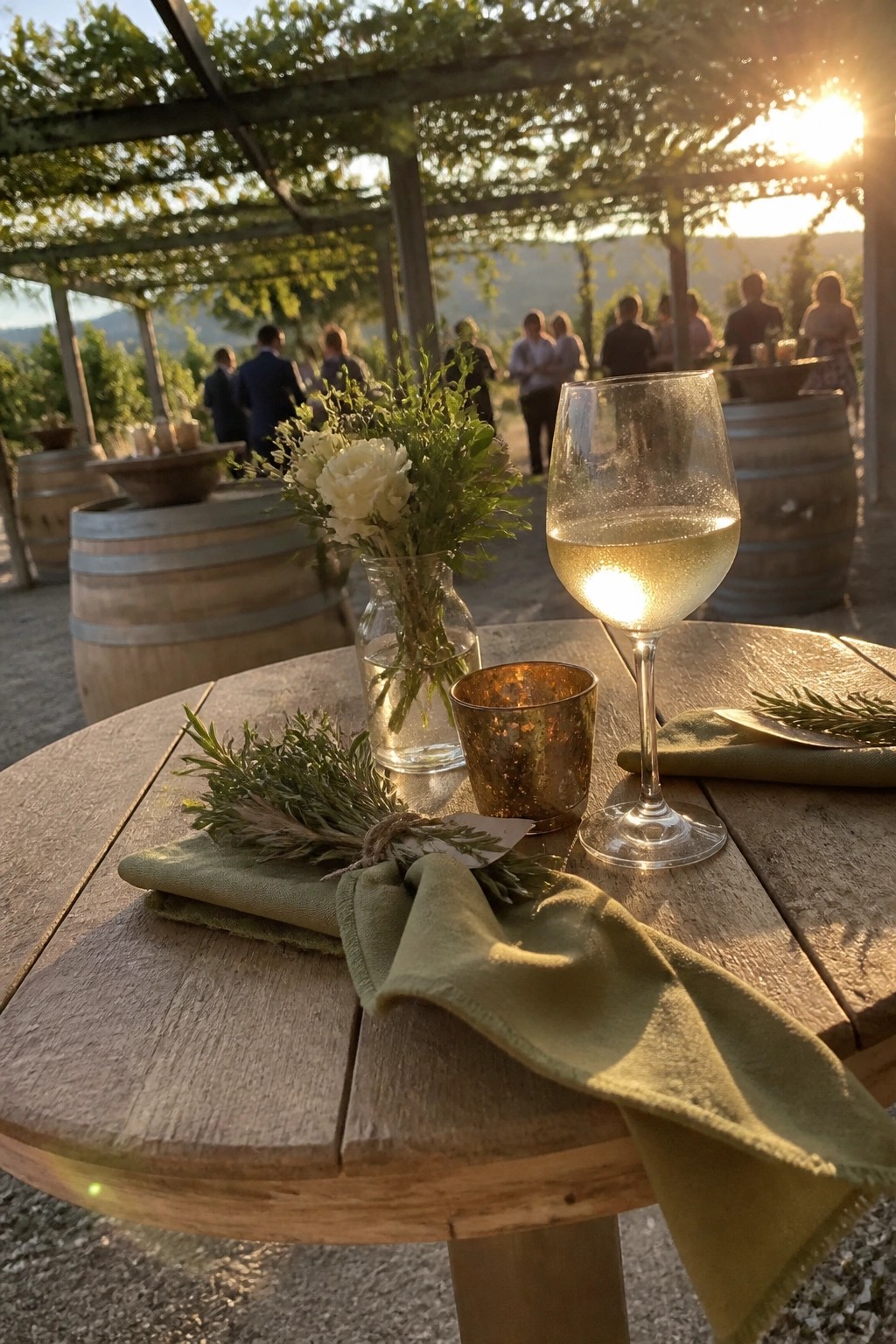 A rustic outdoor vineyard wedding table at sunset with a wine glass of white wine, sage green napkins tied with rosemary, white floral arrangement, wooden barrels, and guests under a vine covered pergola.