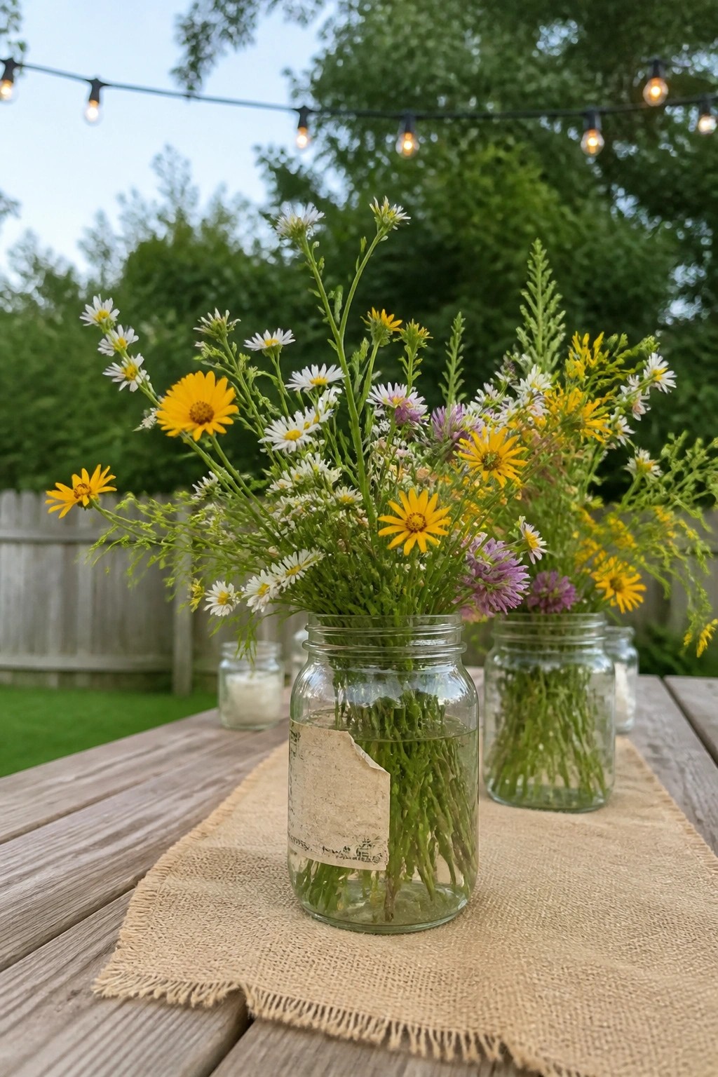 Mason jars filled with yellow white and purple wildflowers on a burlap runner atop a wooden table with string lights overhead in a garden setting