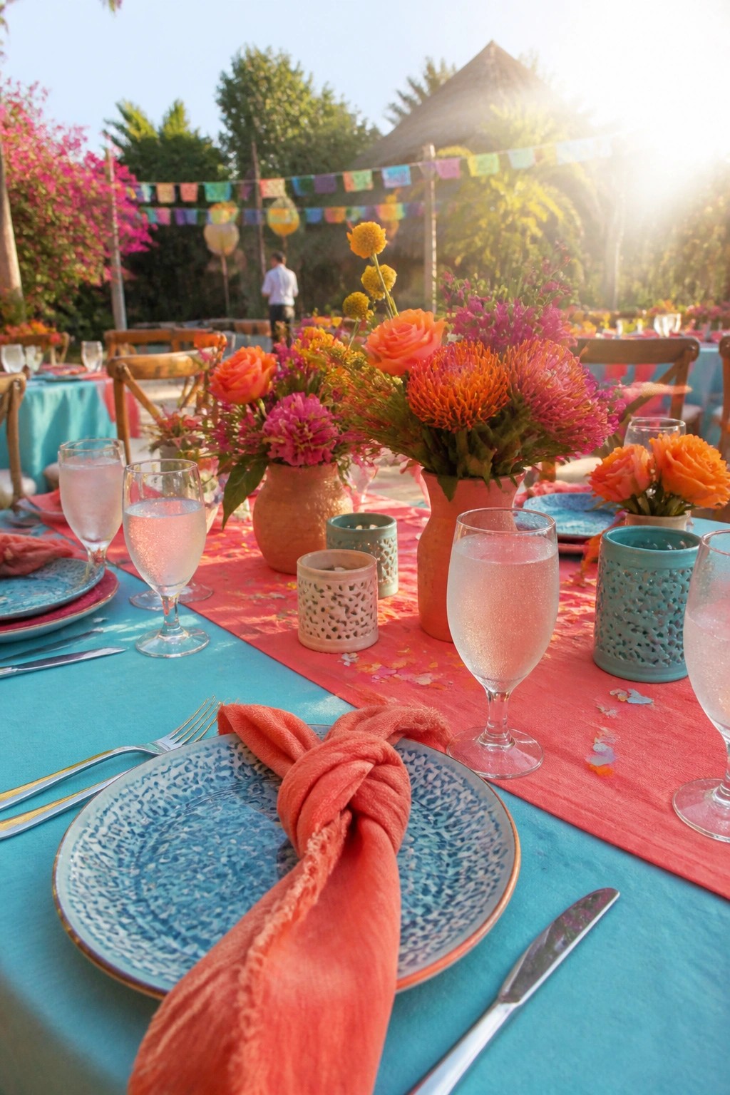 A festively set outdoor wedding table featuring turquoise linens, a pink runner, colorful floral centerpieces in terracotta vases, blue plates, and orange napkins under sunny skies with bunting flags overhead.