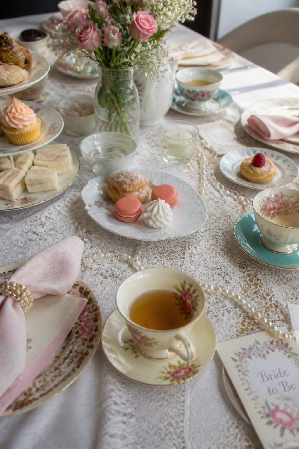 A lace covered table set for a vintage tea party bridal shower with pink roses in vases, floral teacups, finger sandwiches, macarons, cupcakes, and a Bride to Be card.