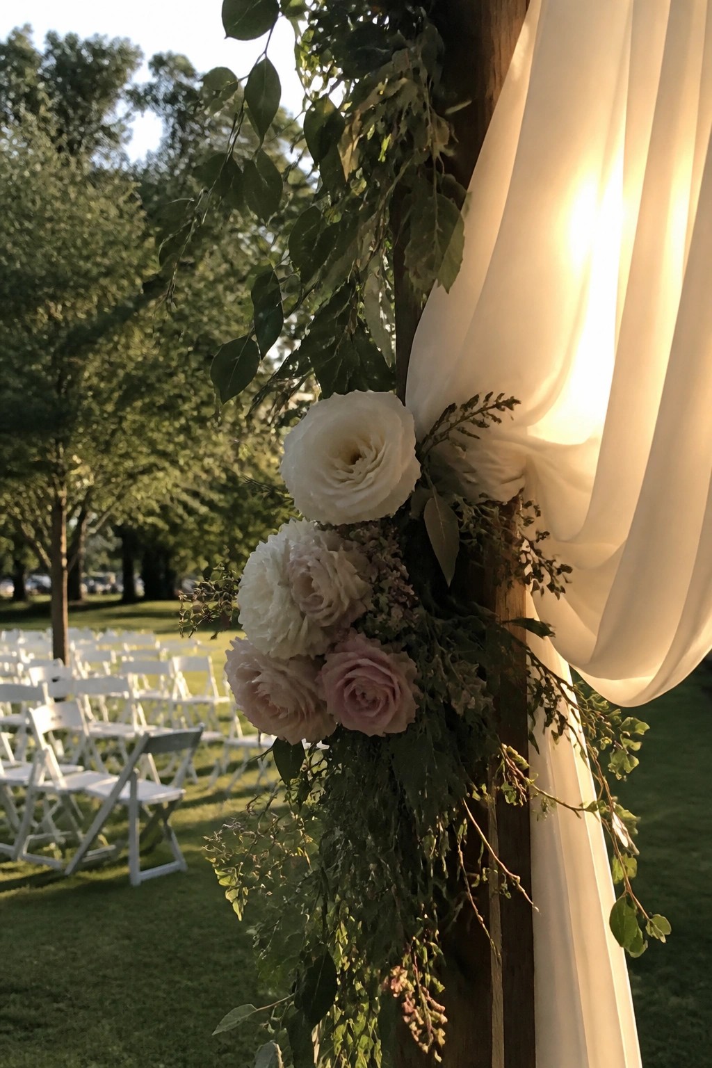 Wooden post with white and blush roses plus trailing greenery beside draped white fabric and rows of white chairs on a sunny lawn for an outdoor wedding