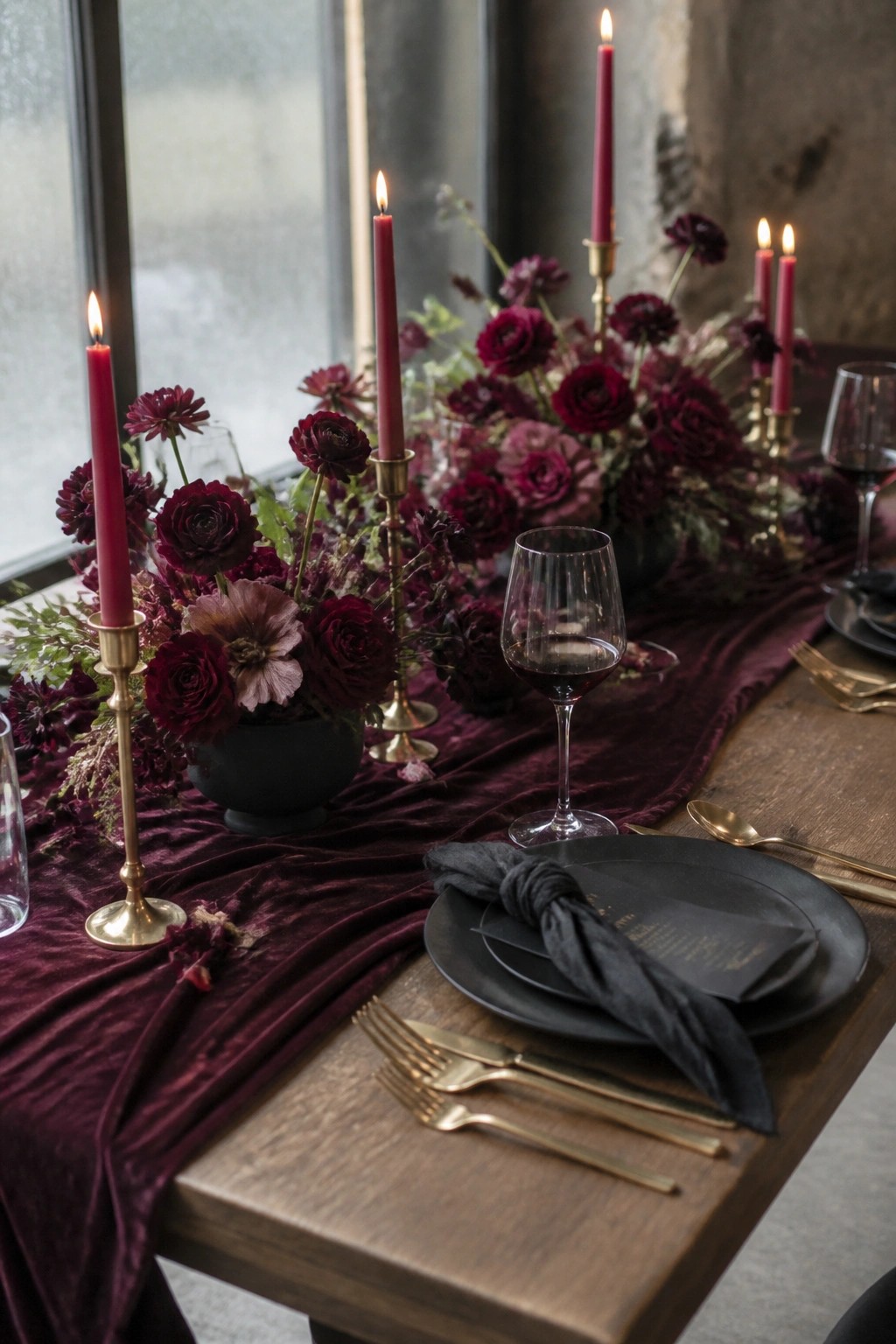 A moody wedding table with plum flowers, red candles in gold holders, black plates, and gold cutlery on a wine velvet runner over dark wood.