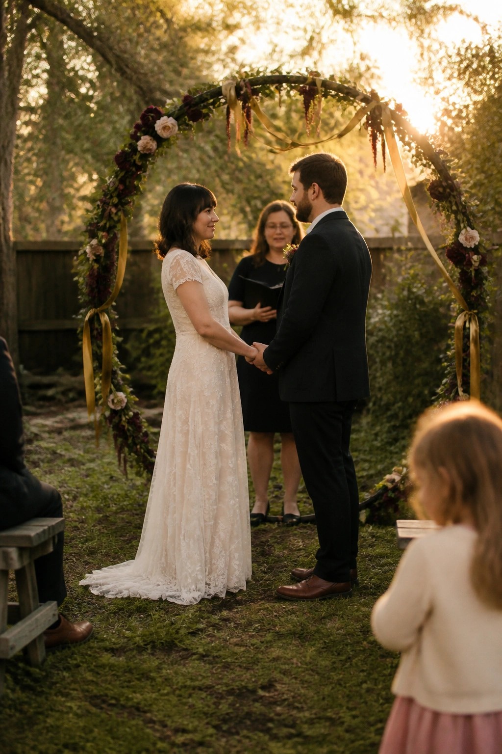 Bride in lace gown and groom in black suit exchange vows under a floral arch of plum wine blooms and antique gold ribbons at sunset.