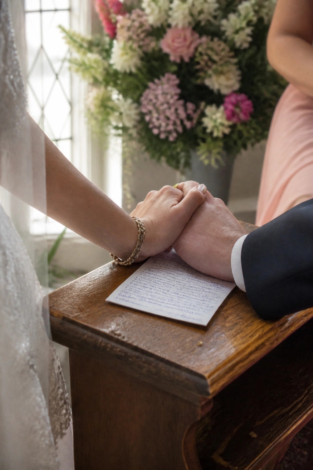 Close up of bride and groom holding hands over a handwritten vow note on a wooden table with pink and white flowers in the background