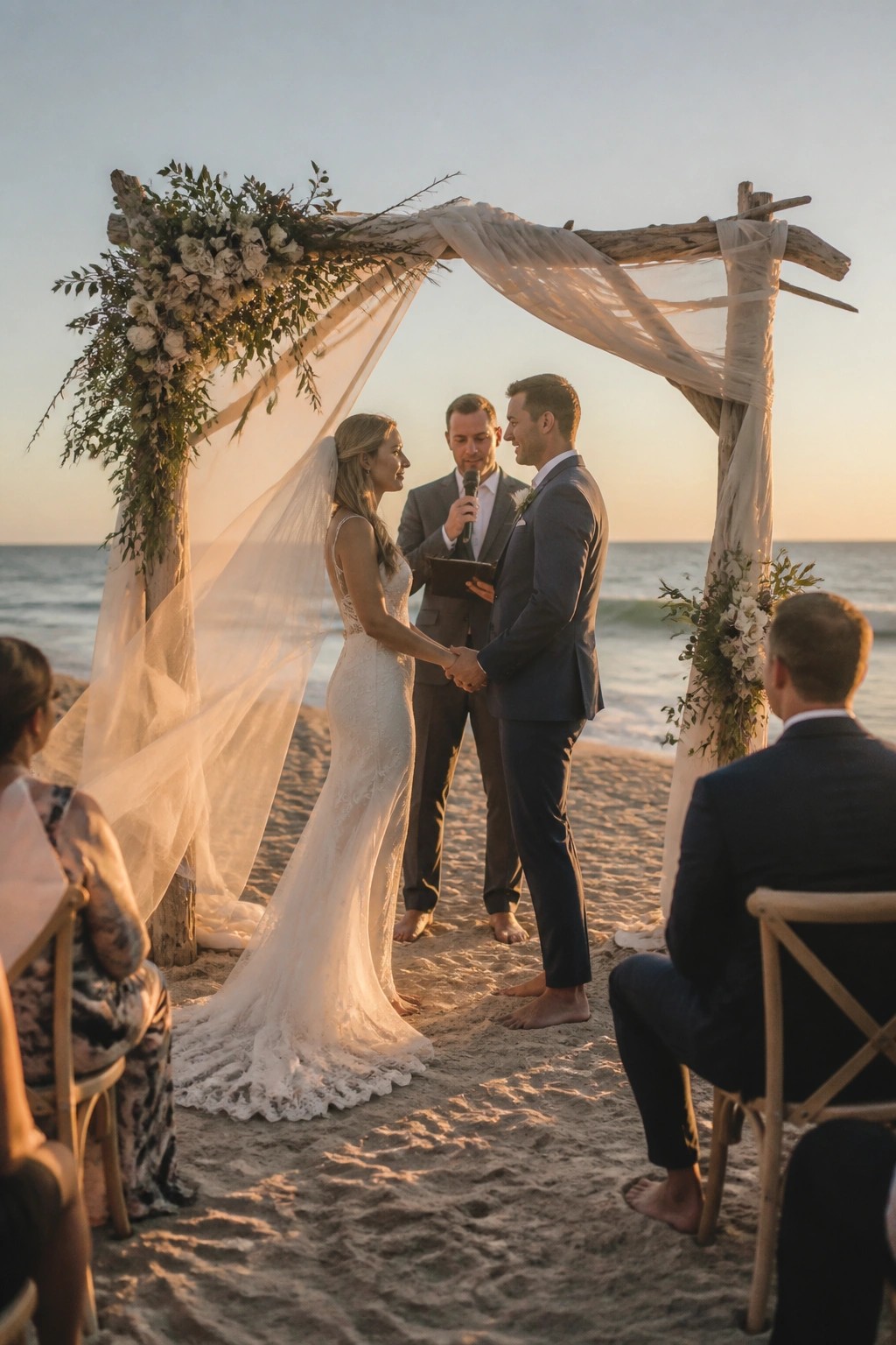 Bride in lace gown and groom in blue suit exchange vows barefoot under a floral driftwood arch on a sandy beach at sunset with ocean waves behind them.