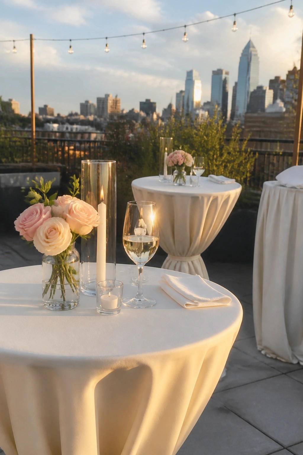 Rooftop wedding table with pink roses candles and wine glasses overlooking city skyline at sunset