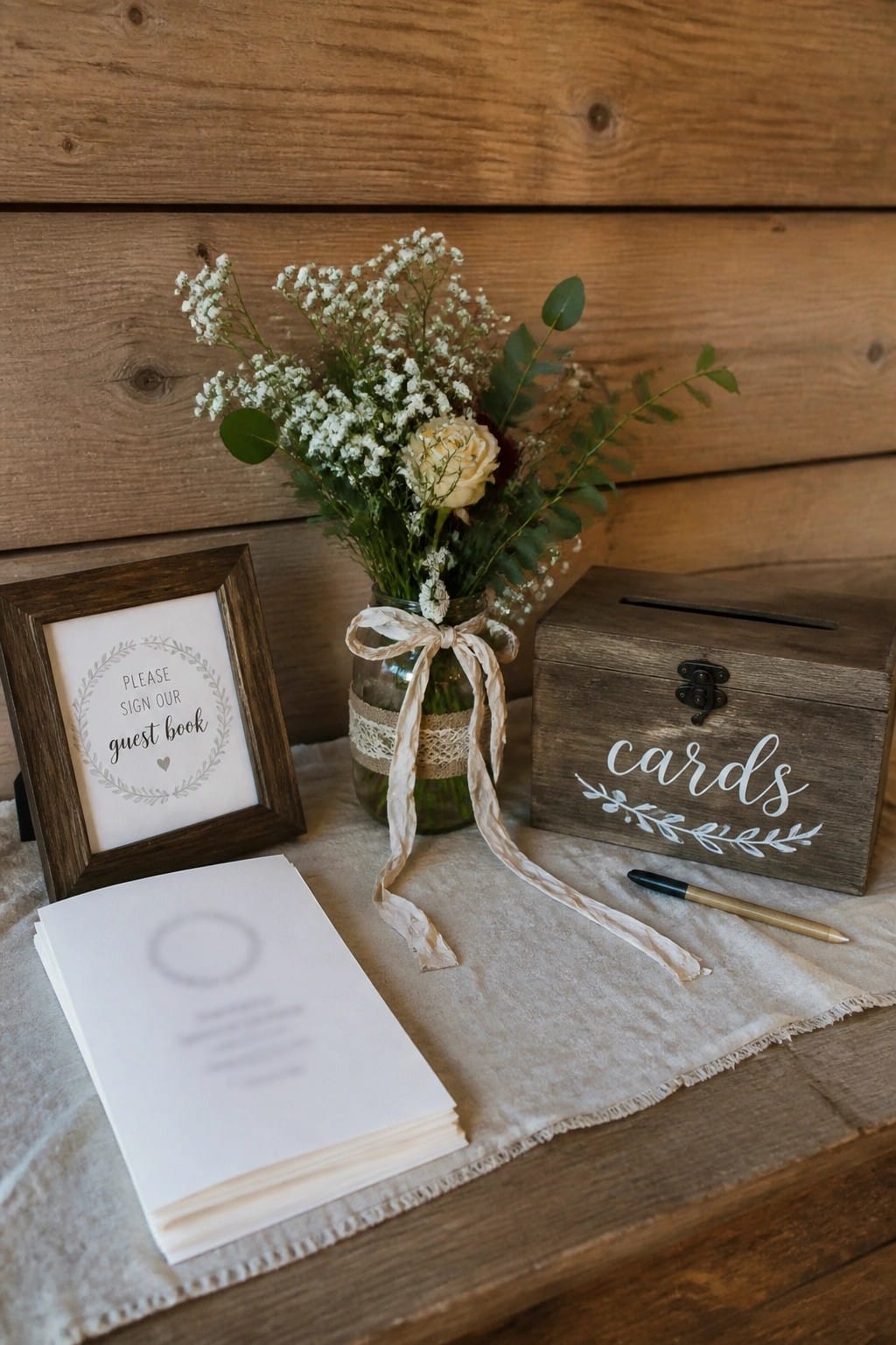 Rustic wedding guest book station featuring a framed sign, floral mason jar arrangement, wooden card box, and open guest book on a linen covered wooden table.