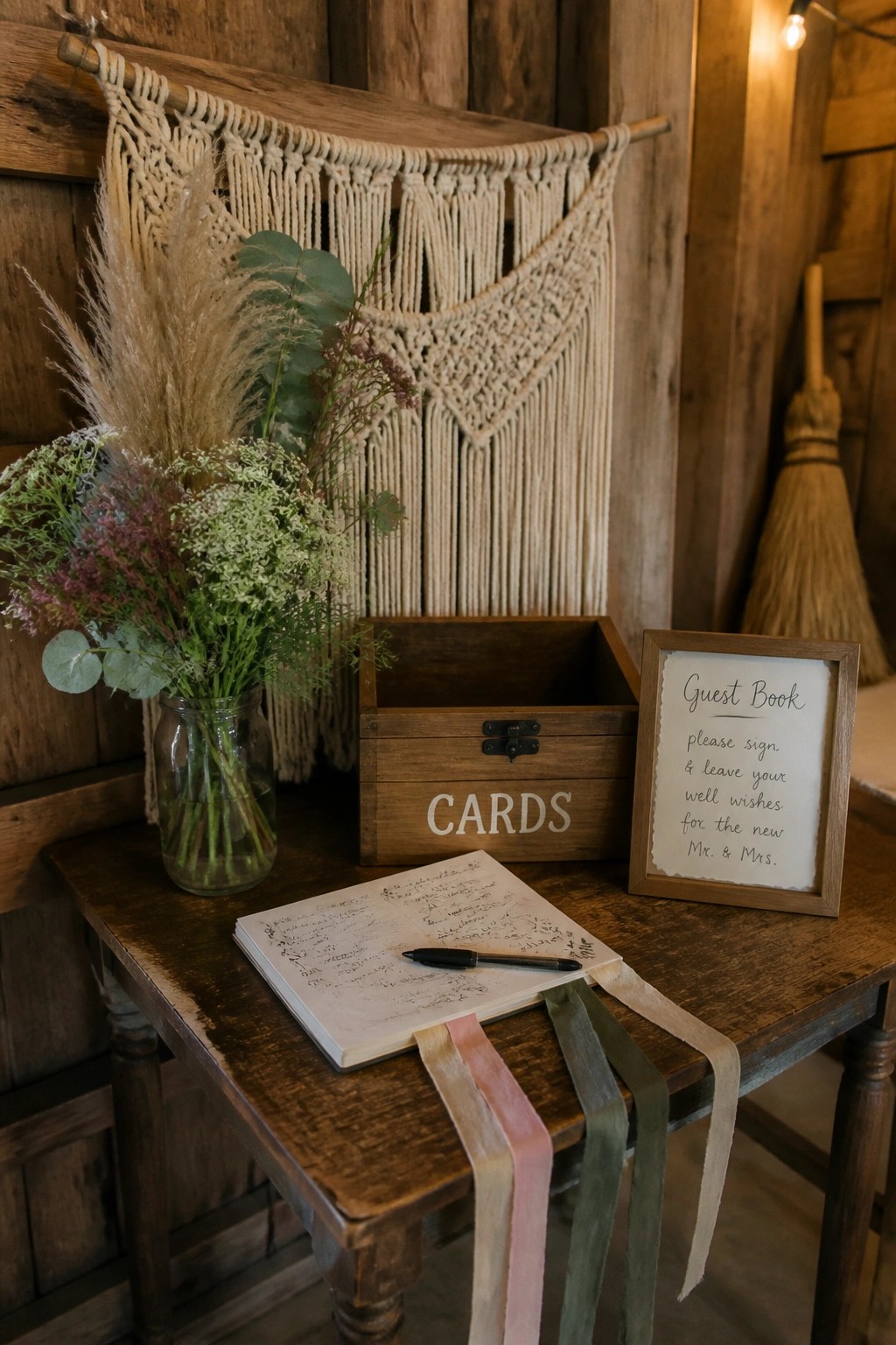 A boho wedding guest book station on a wooden table with pampas grass florals a macrame backdrop and a wooden cards box in an earthy rustic setting