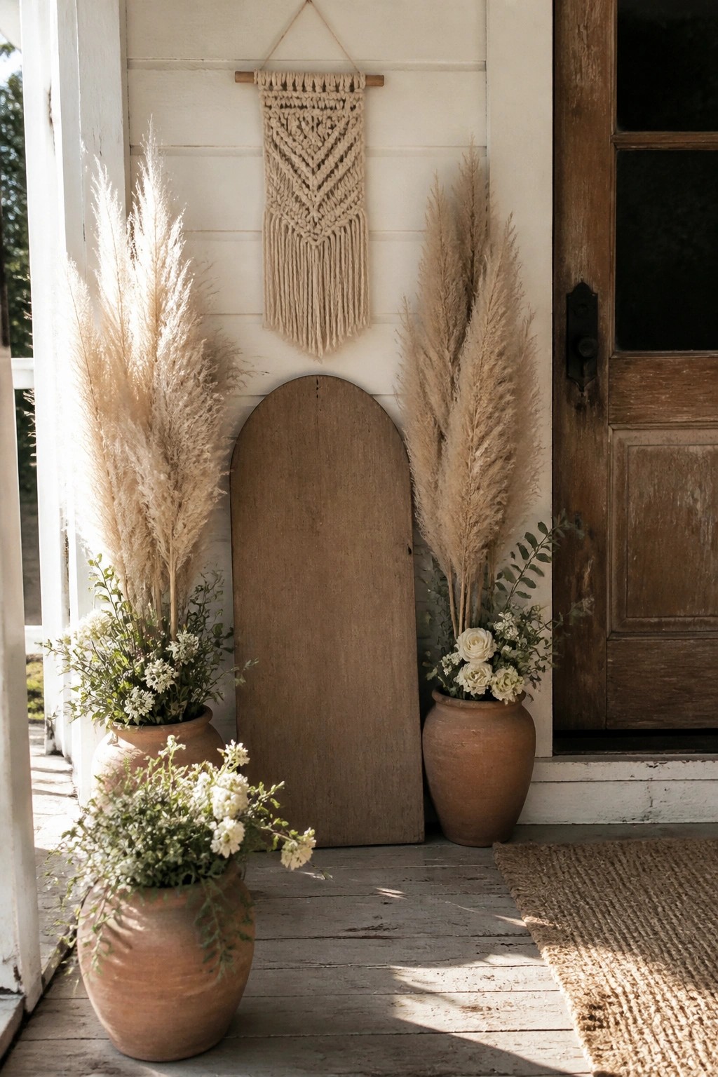 Boho wedding porch entrance with tall pampas grass in terracotta pots, macrame wall hanging, wooden arch panel, white flowers, and jute rug on sunlit wooden floor.