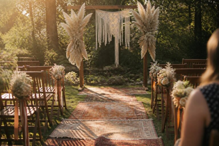 21 Boho Wedding Ideas Styled Around Pampas Grass, Macrame, Earthy Colors, and Loose Florals Outdoor boho wedding arch with macrame hanging pampas grass and white flowers on a wooden frame with patterned rug aisle on grass during golden hour sunset.