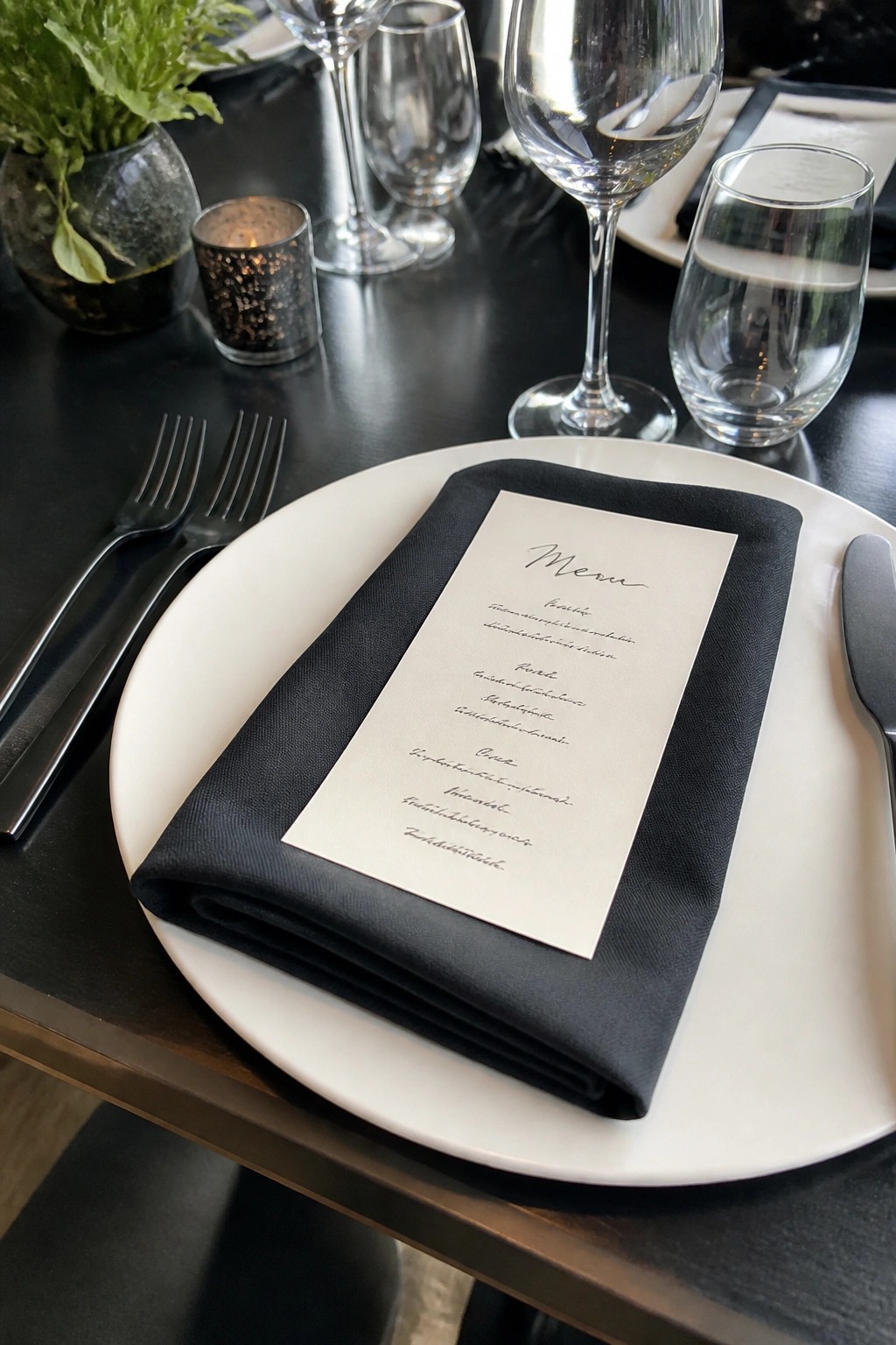 Close up of a formal wedding place setting with a white plate, black folded napkin, printed menu card, black cutlery, and crystal glassware on a dark table.