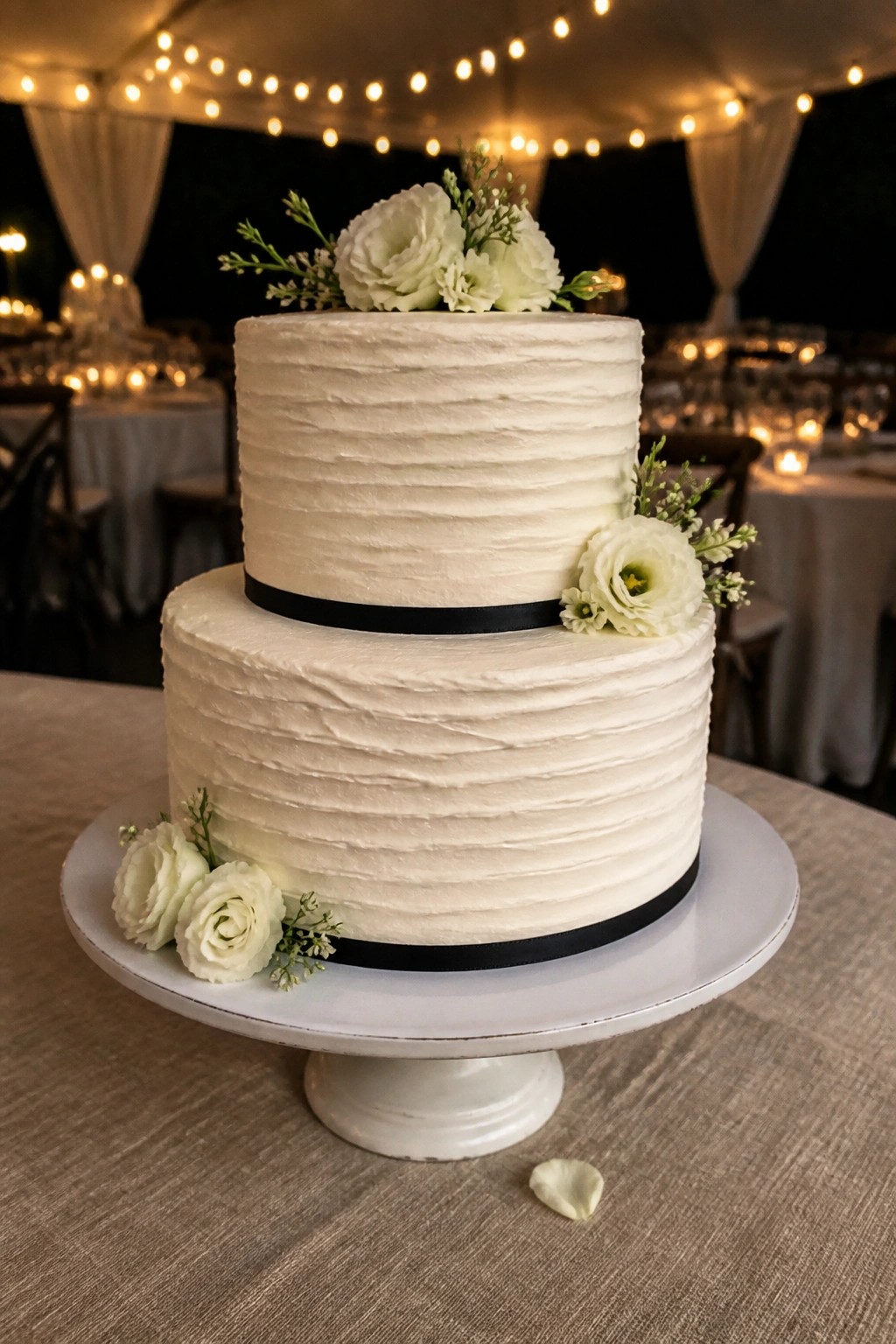 Two tier white textured wedding cake with black ribbon bands and white floral accents on a white stand in a lit tent reception.