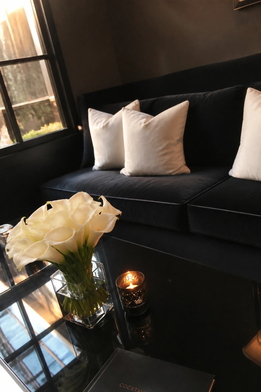 Black velvet sofa with white pillows next to white calla lilies and a lit candle on a glossy black table in a dark elegant room.