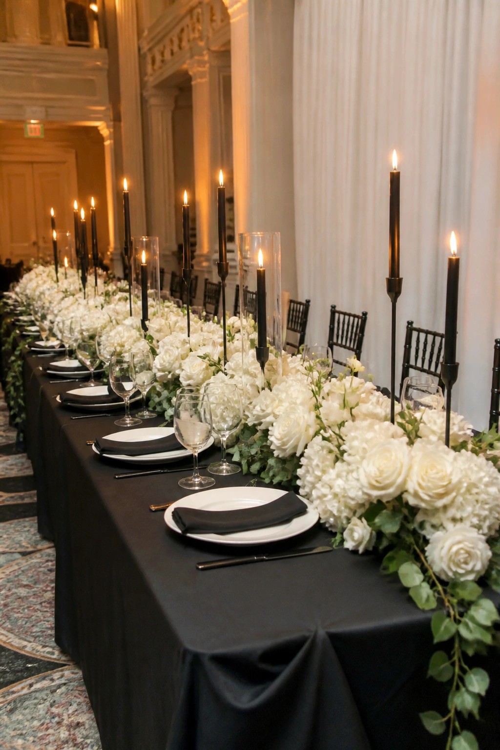 Long black table with white floral centerpieces black candles and formal place settings in an elegant venue