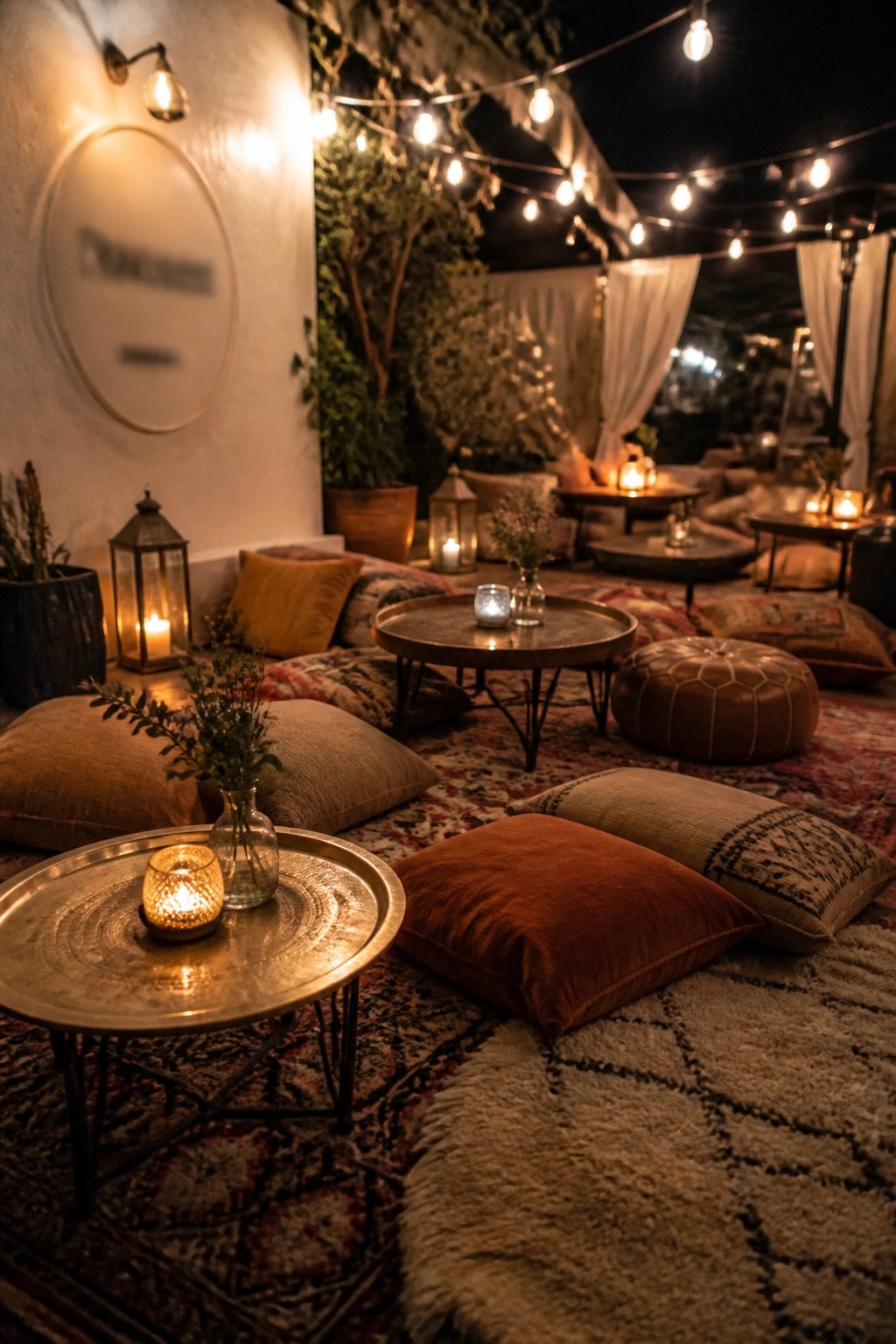 Cozy bohemian wedding lounge with layered rugs floor pillows low tables string lights and lanterns at night