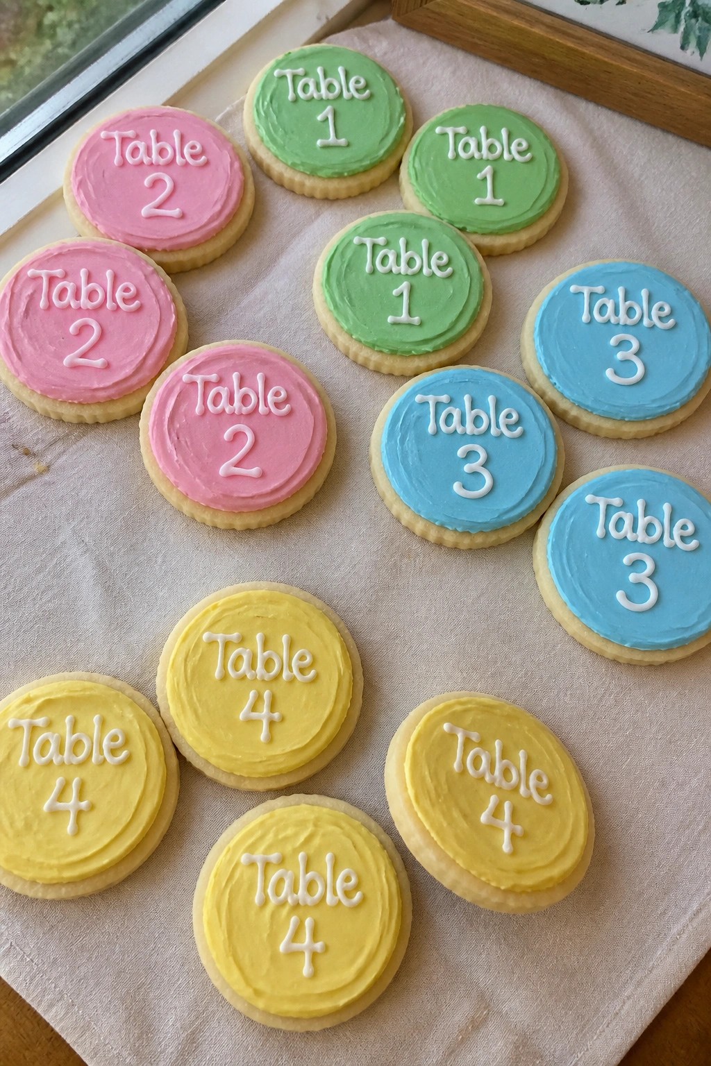 Colorful round cookies with pink green blue and yellow icing labeled Table 1 through Table 4 arranged on a linen tablecloth for wedding seating.