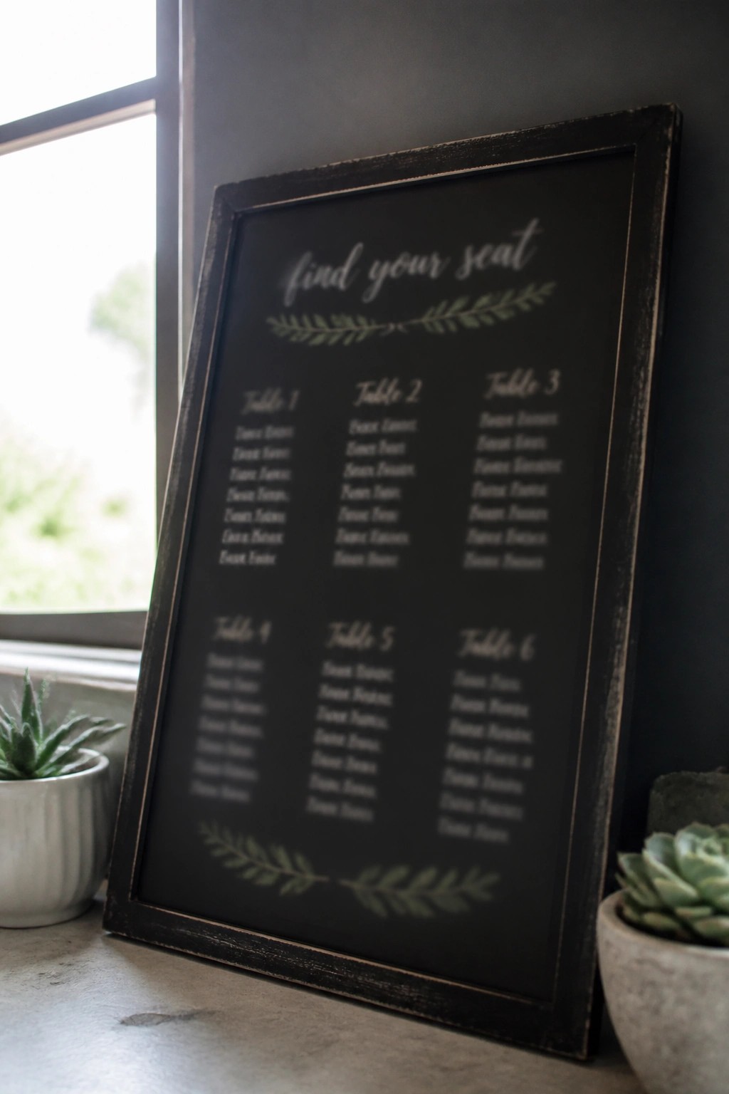 A rustic black framed chalkboard wedding seating chart with the heading find your seat and lists for tables 1 to 6 placed on a windowsill with succulents.