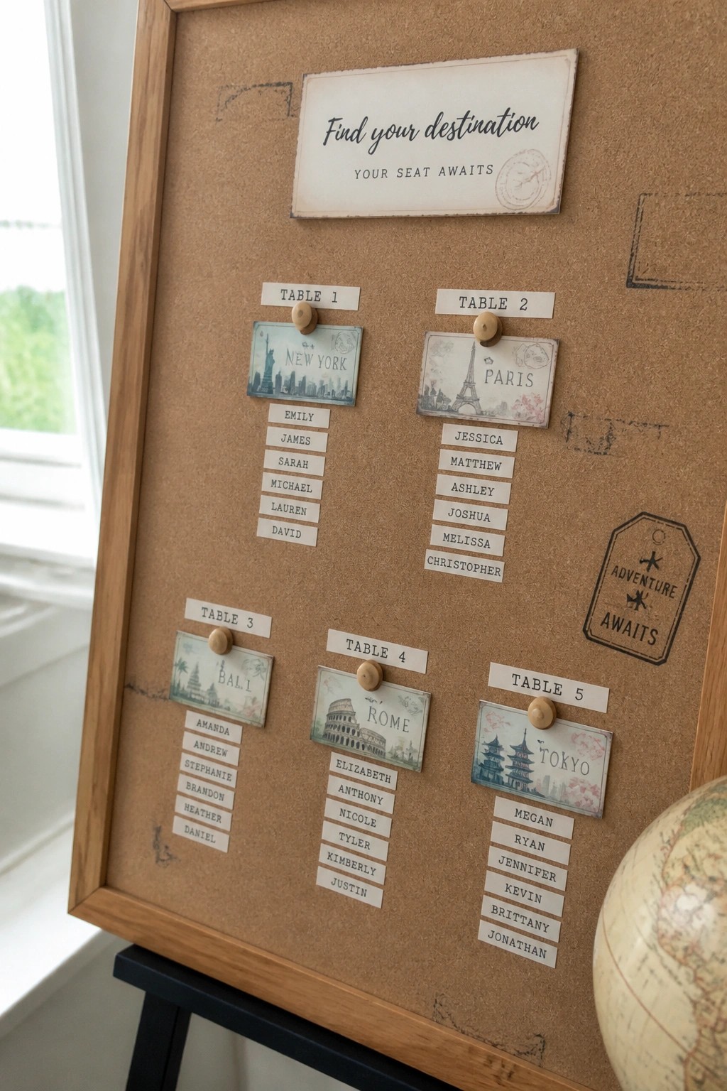 Framed corkboard wedding seating chart with travel themed city postcards for tables one through five and guest name cards pinned below each destination label.