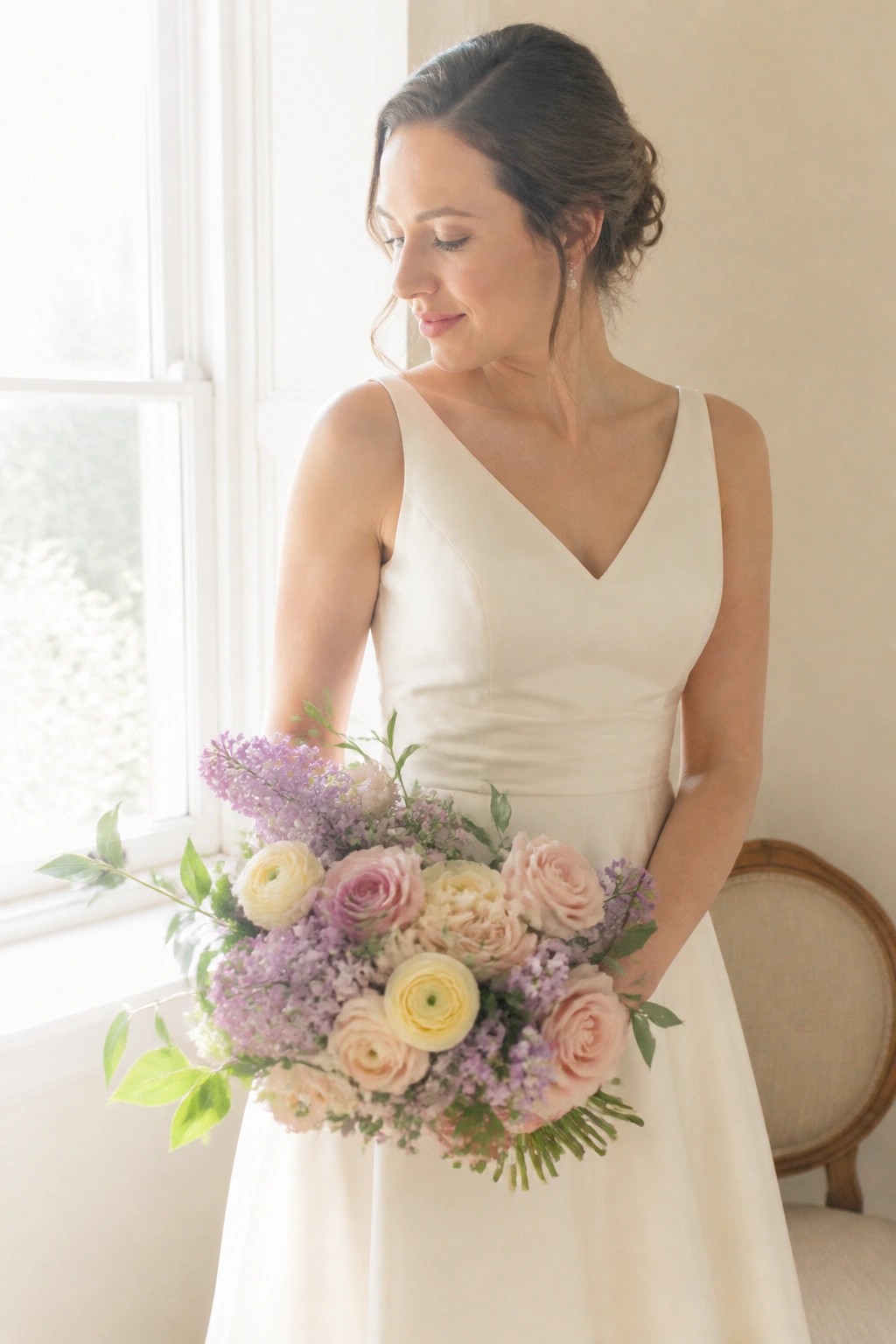 Bride in white dress holding a spring bouquet of lilac, blush roses, butter yellow flowers, and green foliage near a window.