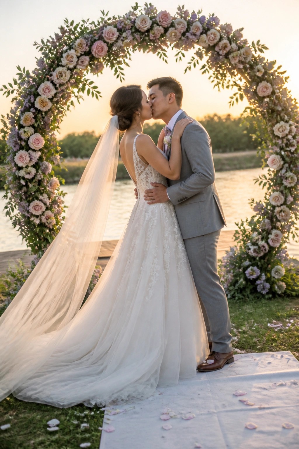 Bride and groom kissing under a large arch of lilac blush and white roses at sunset by a lake with petals on the ground.