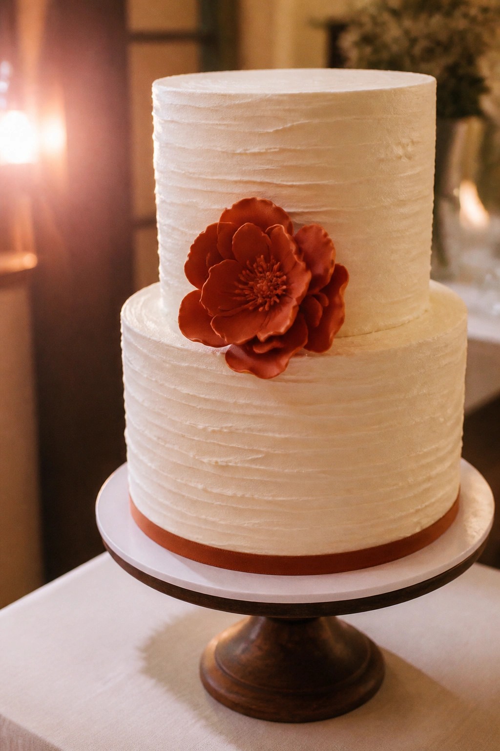 Two tier white wedding cake with textured ivory frosting, terracotta ribbon at the base, and large rust sugar flowers on the side displayed on a wooden cake stand in soft indoor lighting