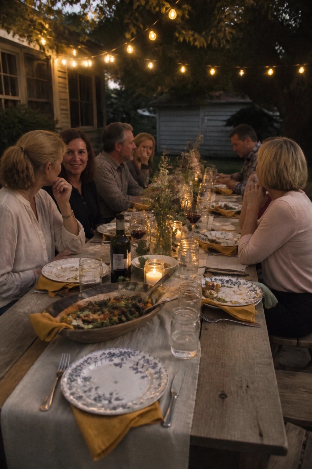 Guests seated at a long wooden table outdoors under string lights with white plates mustard yellow napkins and soft neutral table linens at dusk.