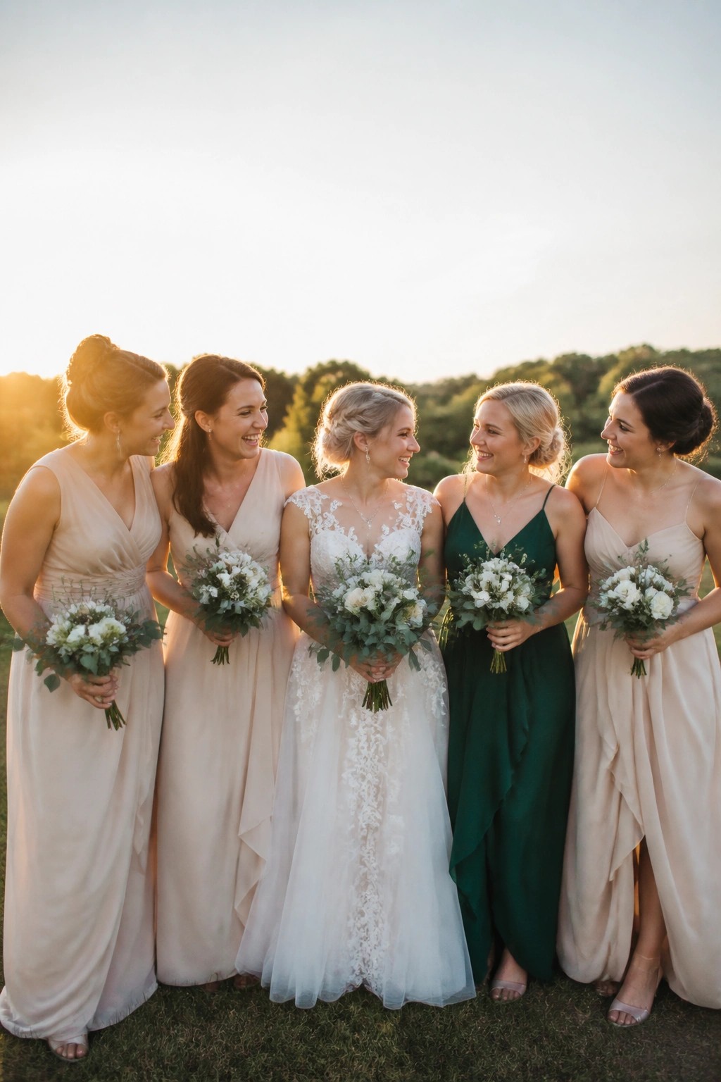 Bride in white lace gown with bridesmaids in beige and emerald green dresses holding white bouquets at golden hour sunset on a grassy field.