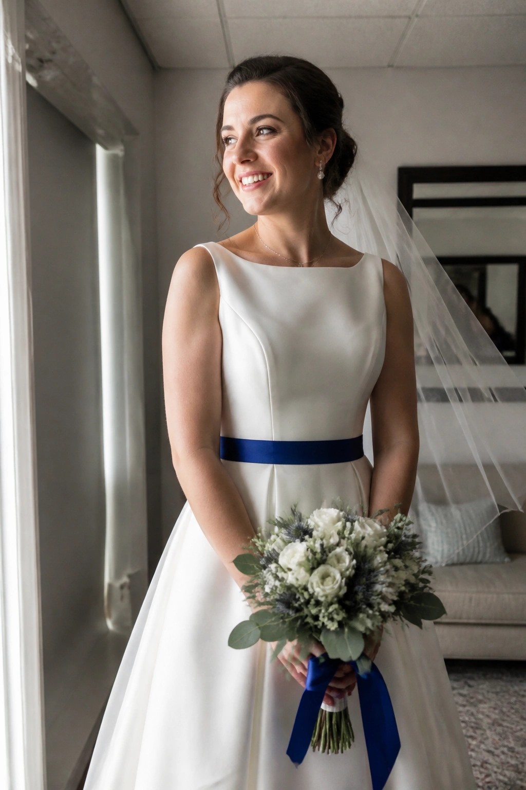 A smiling bride in a white sleeveless gown with a navy blue sash holds a white floral bouquet accented with blue ribbons while standing by a window in soft indoor light.