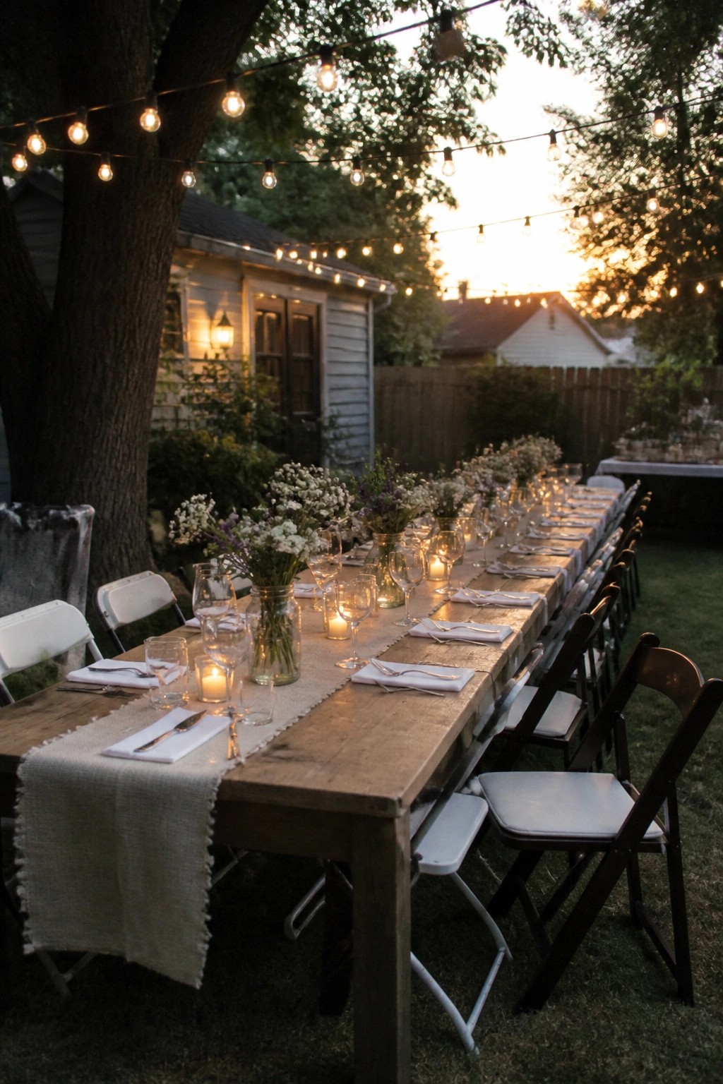 Long wooden wedding table set outdoors at sunset with string lights, mason jar flowers, candles, and mixed white and brown chairs on a backyard lawn.