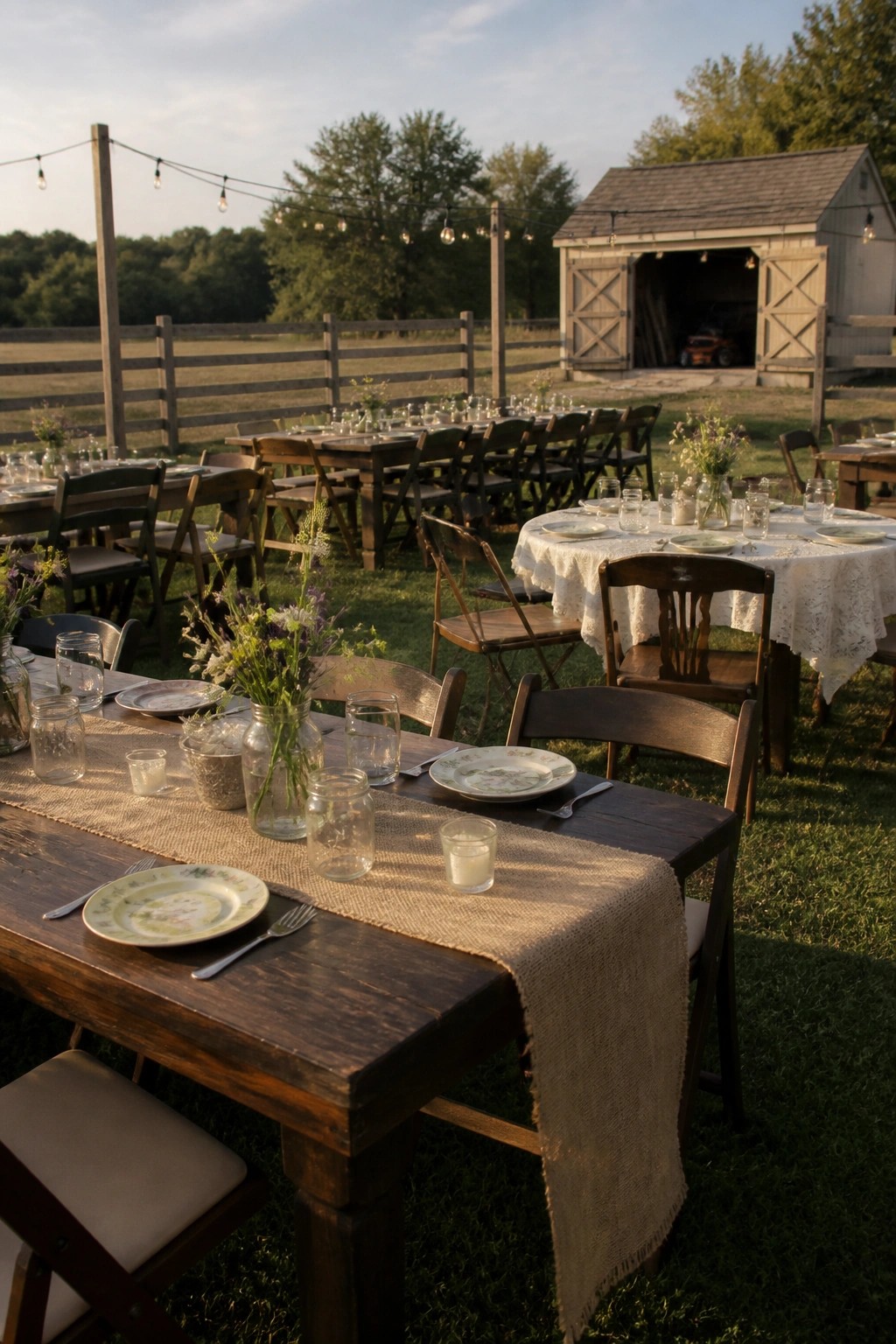 Rustic outdoor wedding tables with burlap runners, mason jar flowers, and vintage plates on a grassy lawn in front of a wooden barn strung with lights at sunset.