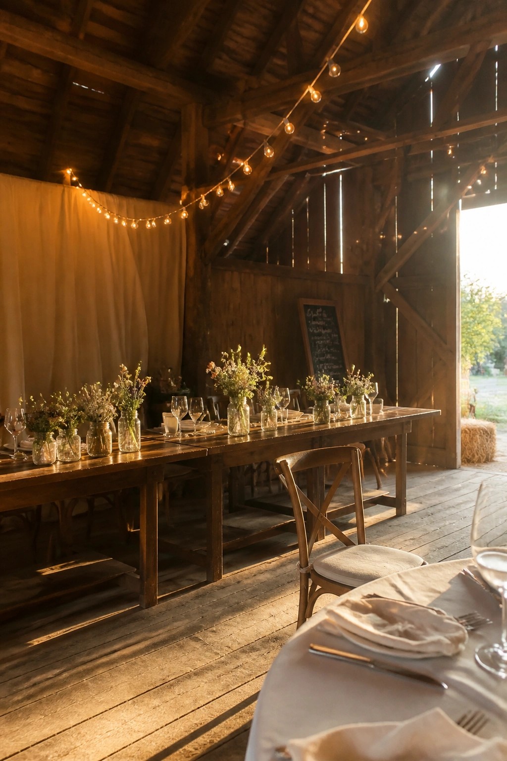 Rustic wooden barn interior with long tables set for a wedding using mason jars of wildflowers, string lights overhead, and open doors showing sunlight on fields outside.