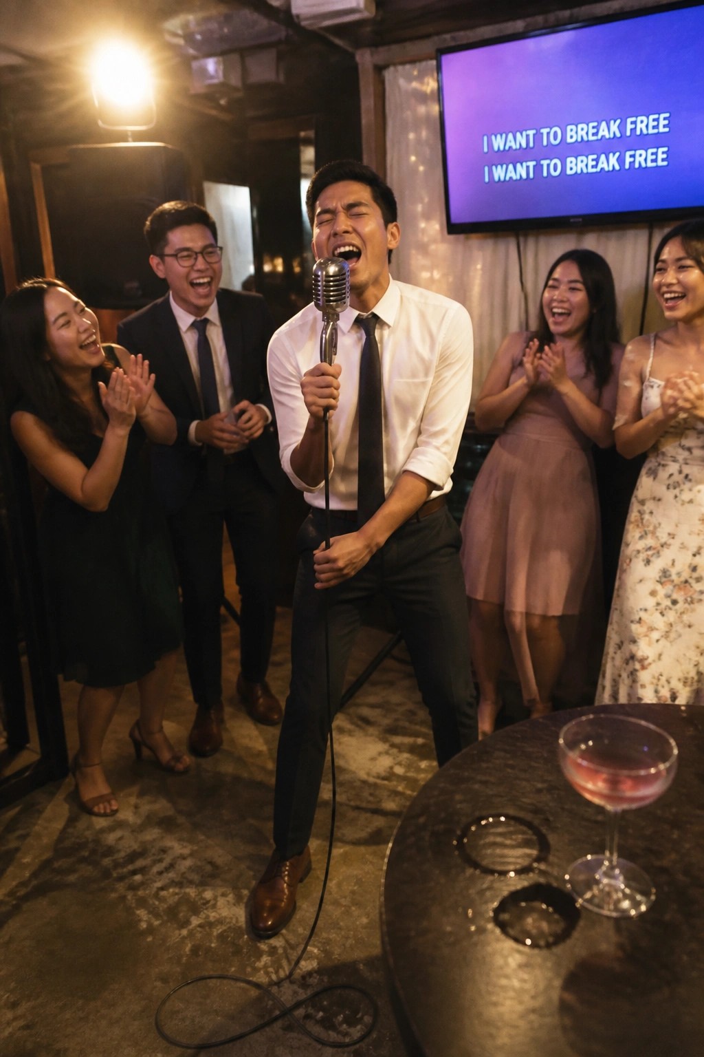 Man in white shirt and tie sings karaoke passionately while friends clap and laugh at a lively wedding reception with lyrics on screen