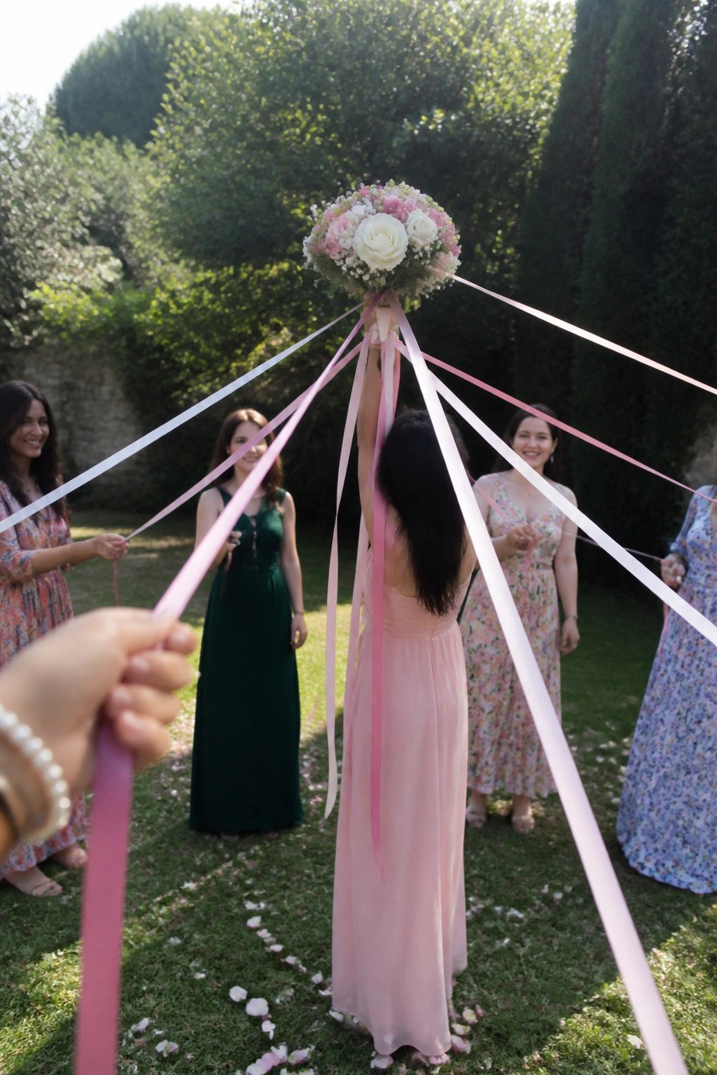 Bride in pink dress holds bouquet with streaming ribbons while bridesmaids in colorful dresses stand in a circle on a grassy lawn holding the ribbon ends during an outdoor wedding event.
