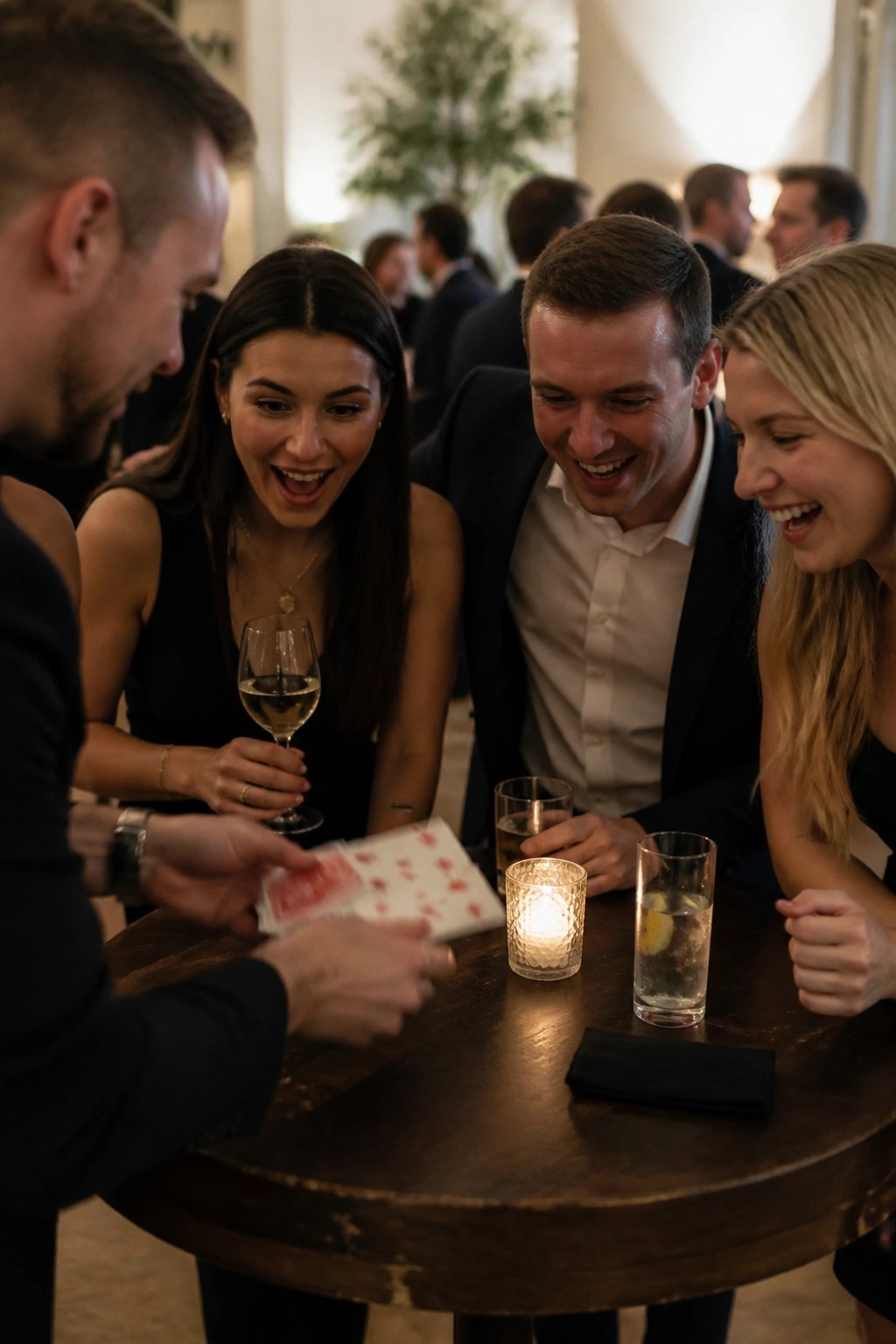 Guests at a wedding reception react with delight as a man shows them playing cards during an interactive table game with candlelight and drinks on a wooden table.