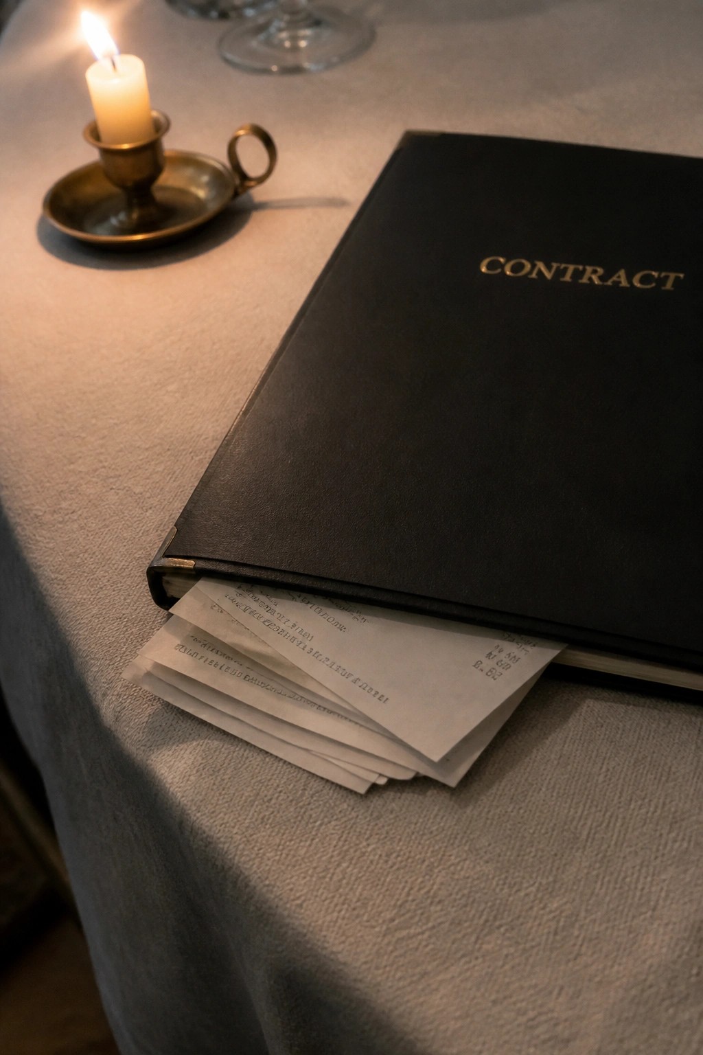 Black contract binder with papers visible next to a lit brass candle on a linen tablecloth in soft evening light